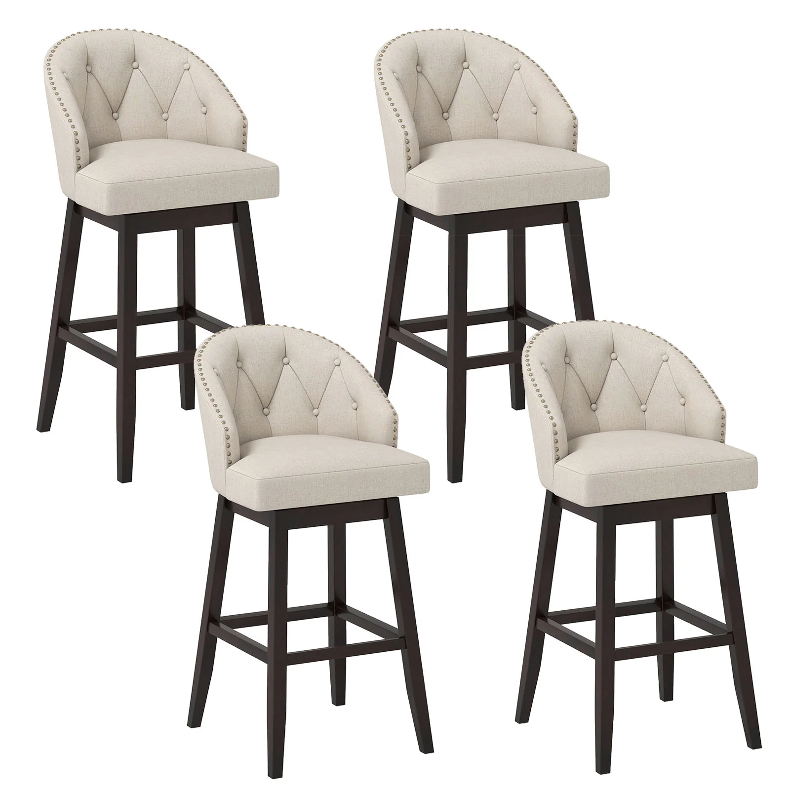 31 Inch Bar Stools Set of 4, Padded Swivel Seat, Rubber Wood Frame, Beige - Image 4