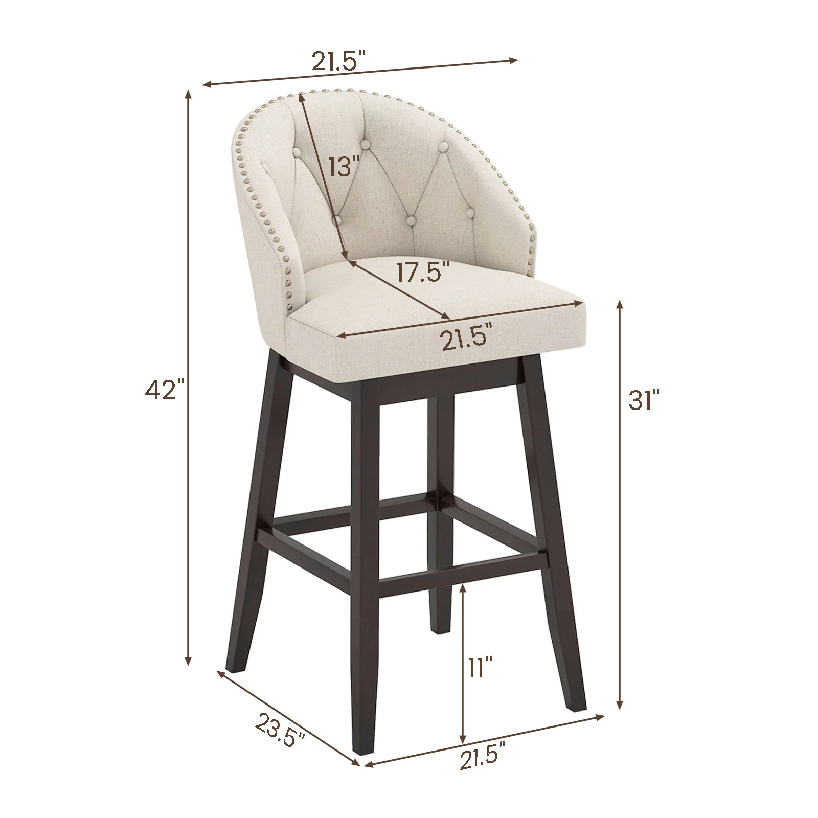 31 Inch Bar Stools Set of 4, Padded Swivel Seat, Rubber Wood Frame, Beige - Image 5