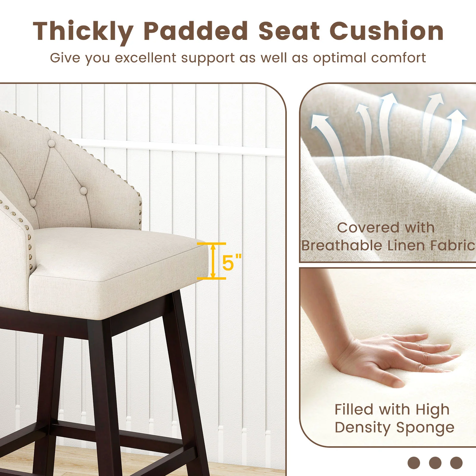 31 Inch Bar Stools Set of 4, Padded Swivel Seat, Rubber Wood Frame, Beige - Image 7