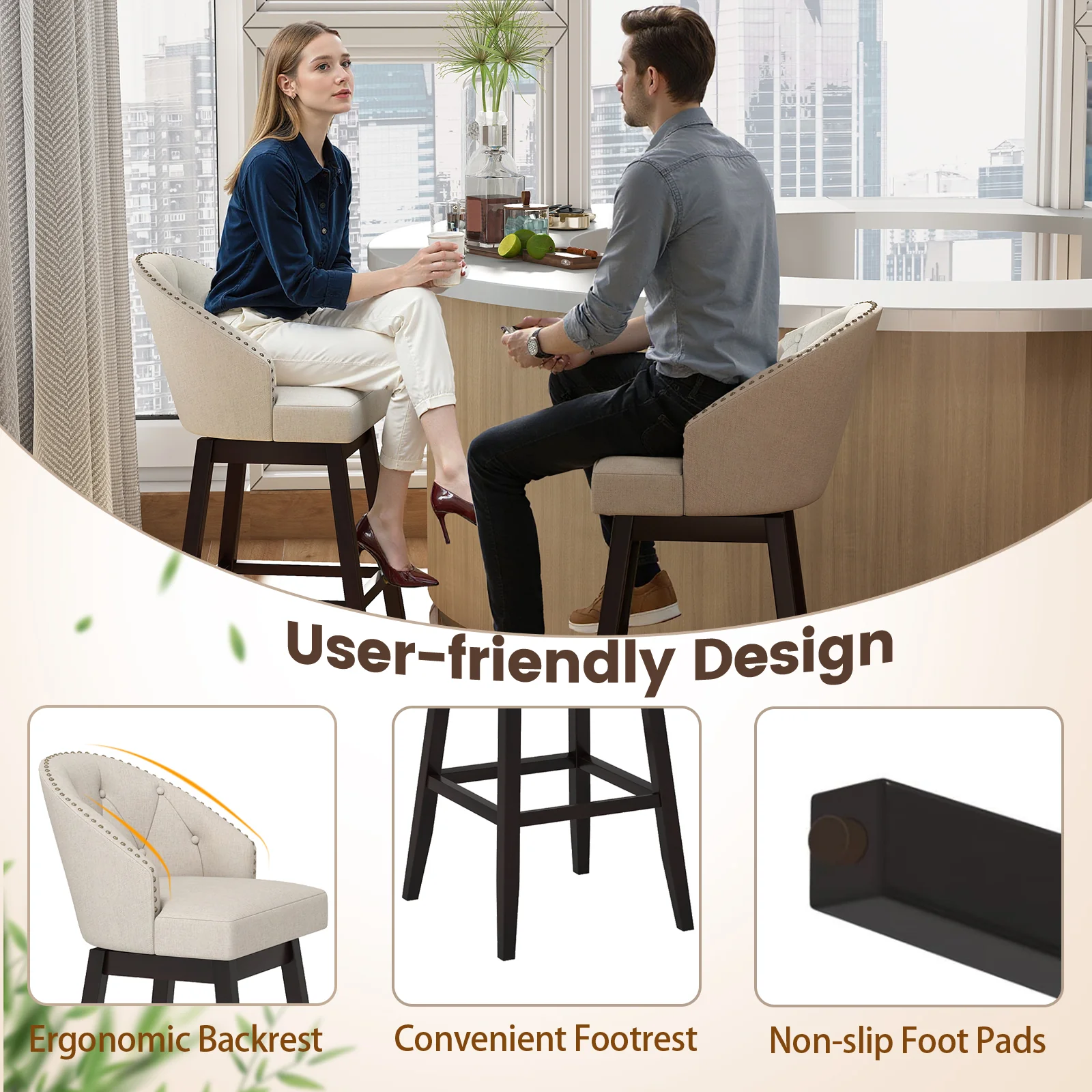 31 Inch Bar Stools Set of 4, Padded Swivel Seat, Rubber Wood Frame, Beige - Image 9