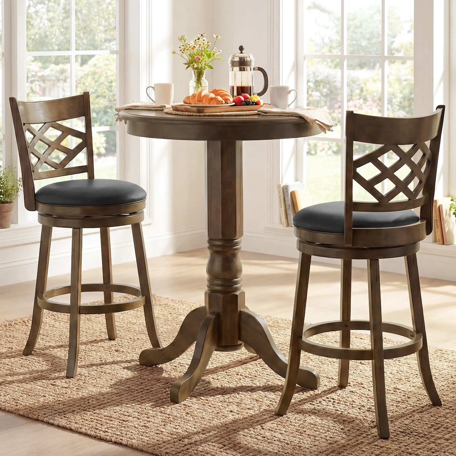 31 Inch Counter Height Bar Stools Set of 2 with Rubber Wood Frame, Brown - Image 2