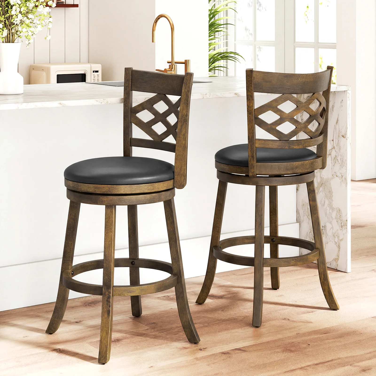 31 Inch Counter Height Bar Stools Set of 2 with Rubber Wood Frame, Brown - Image 3