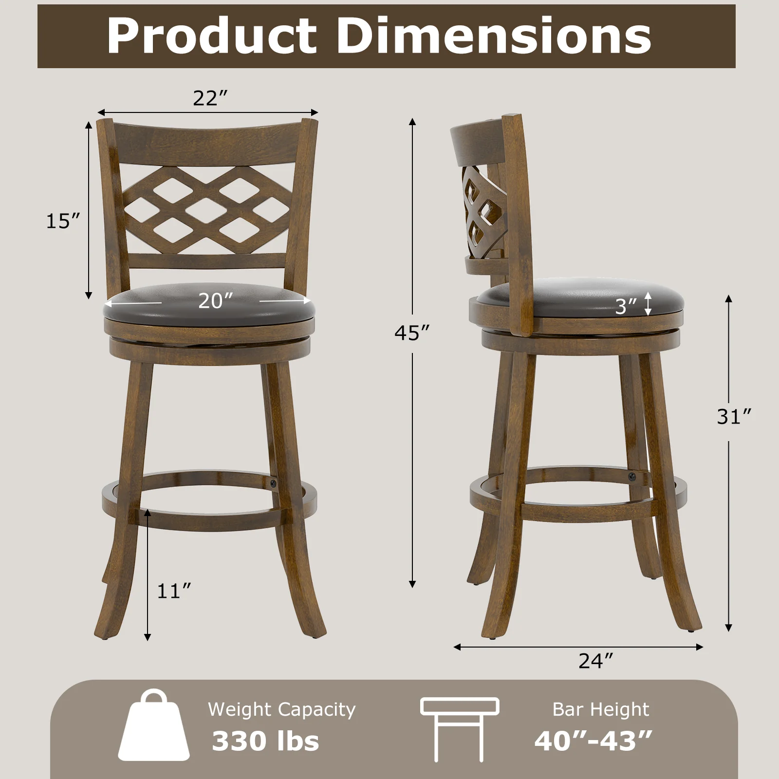 31 Inch Counter Height Bar Stools Set of 2 with Rubber Wood Frame, Brown - Image 5