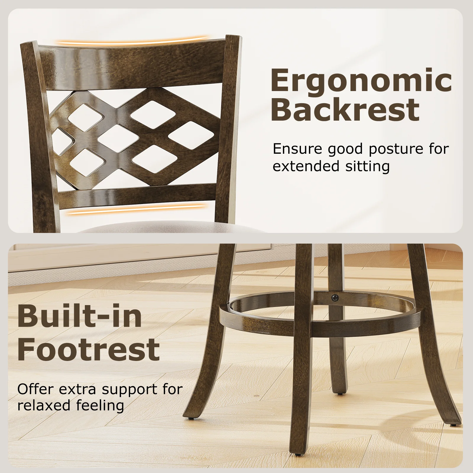 31 Inch Counter Height Bar Stools Set of 2 with Rubber Wood Frame, Brown - Image 9