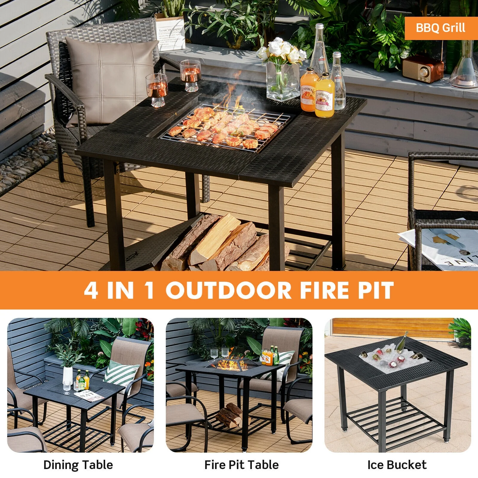 31 Inch Outdoor Fire Pit Dining Table With BBQ Grate, Black - Image 3