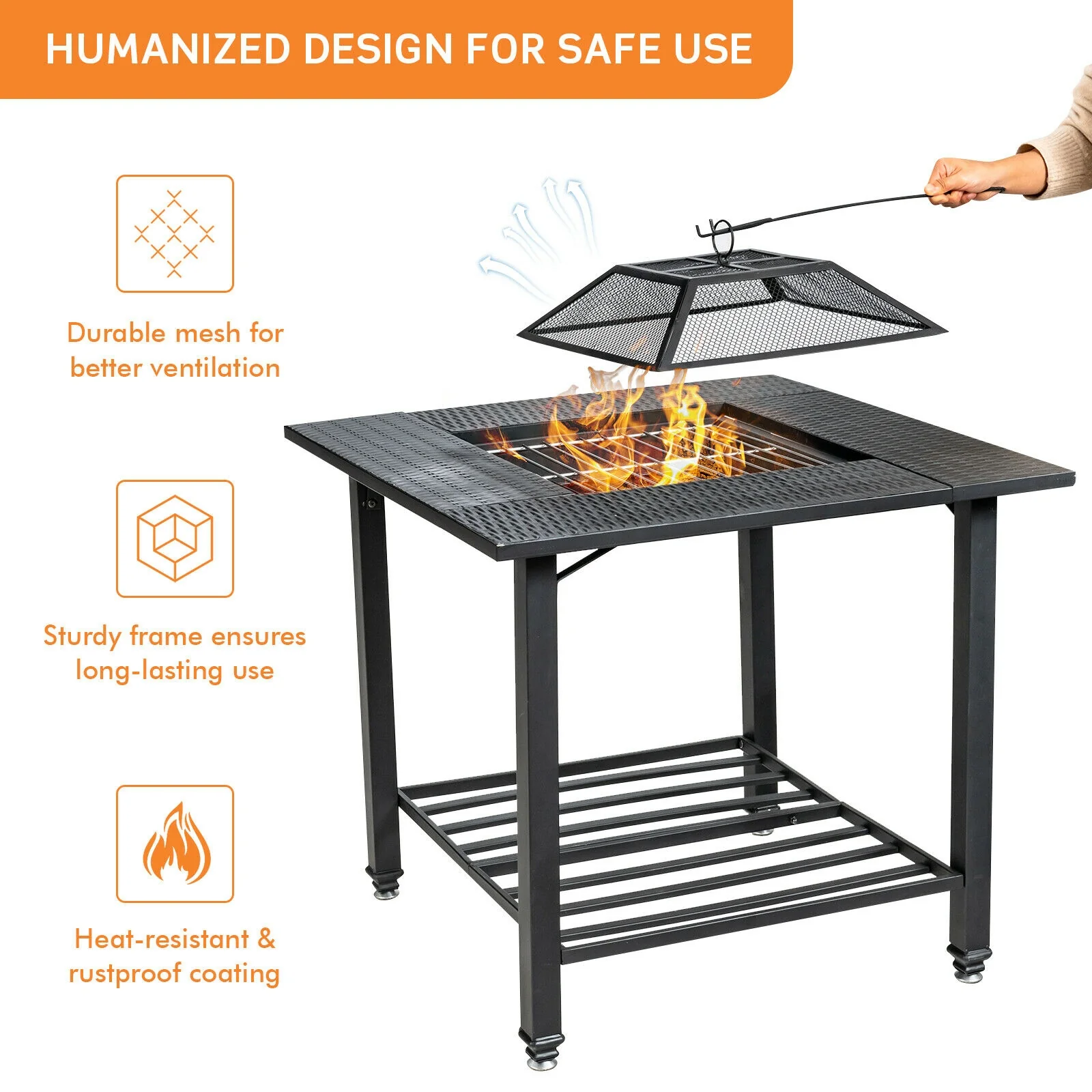 31 Inch Outdoor Fire Pit Dining Table With BBQ Grate, Black - Image 6