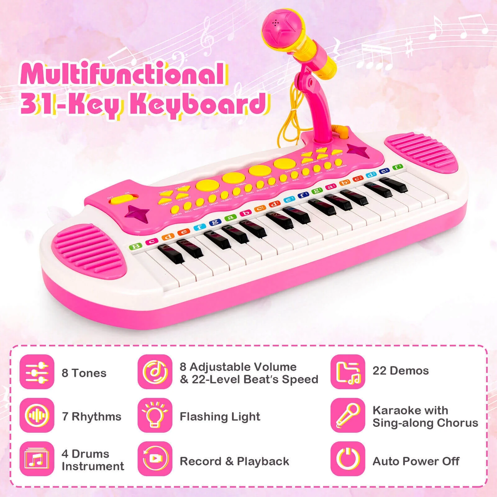 31-Key Kids Piano Keyboard Toy, With Microphone And Multiple Sounds, Pink - Image 10