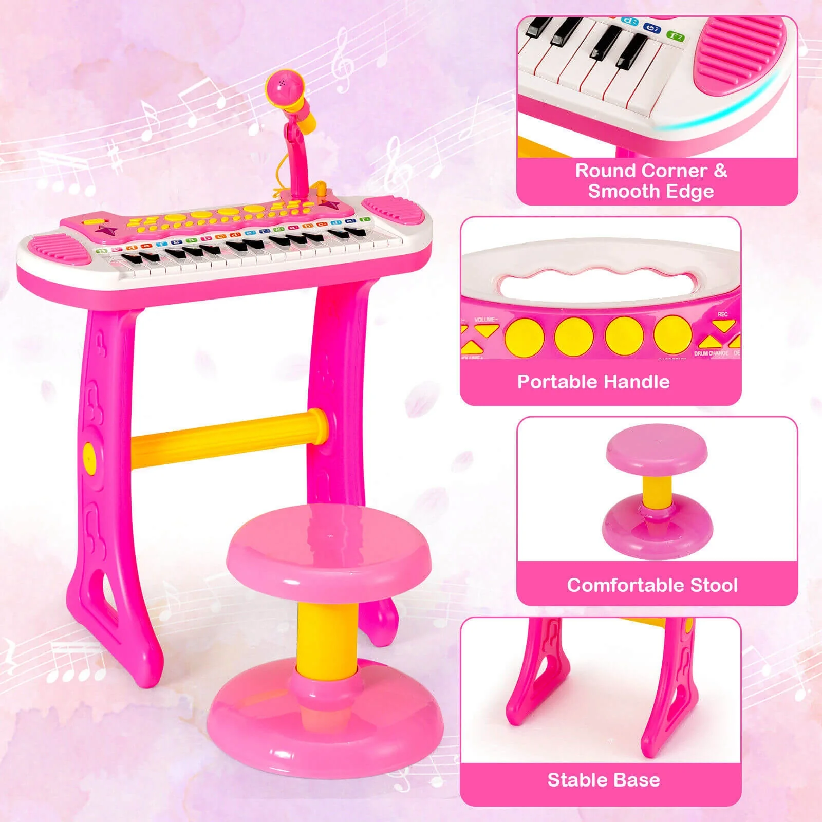 31-Key Kids Piano Keyboard Toy, With Microphone And Multiple Sounds, Pink - Image 6