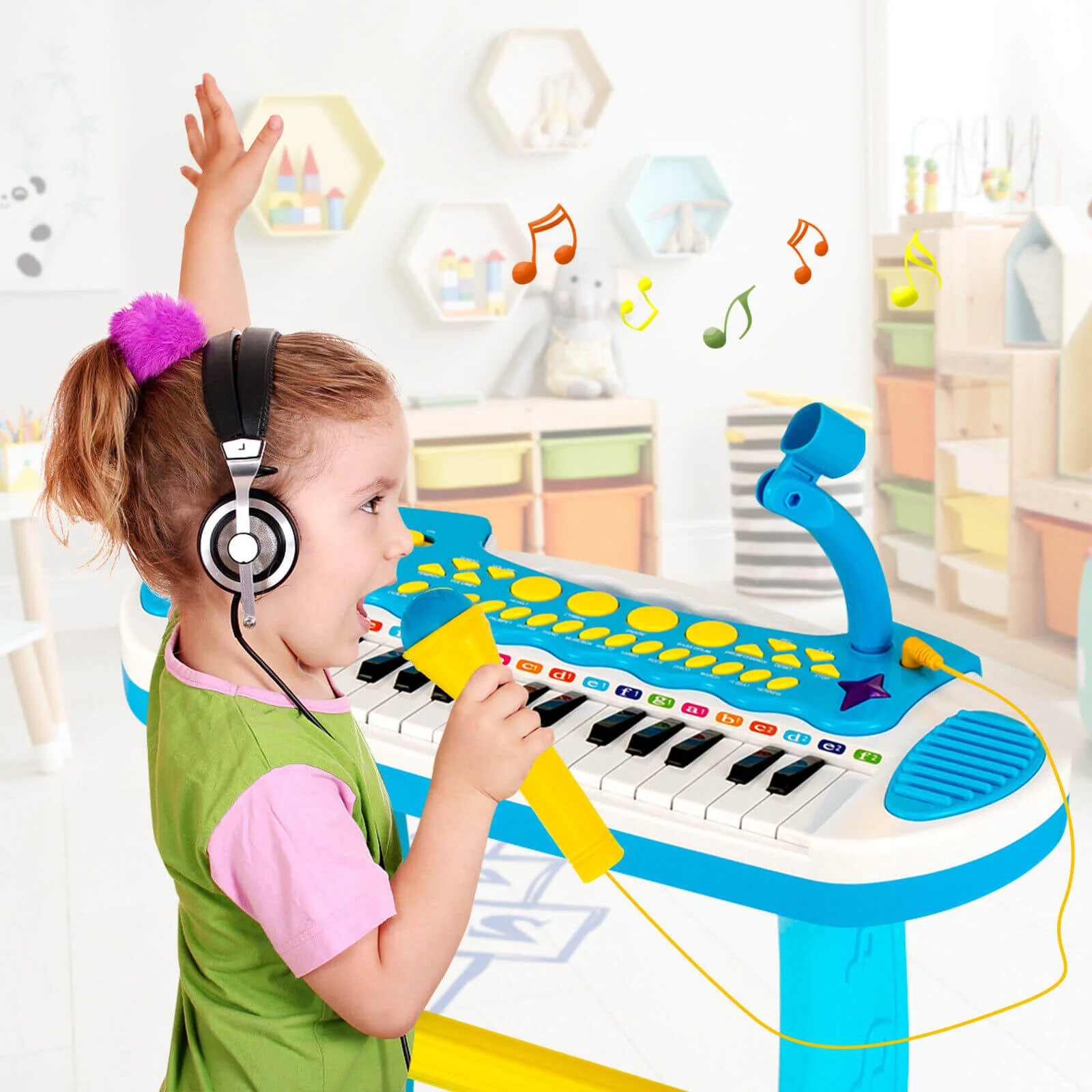 31-Key Kids Piano Keyboard Toy, With Microphone, Multiple Sounds, Blue - Image 2