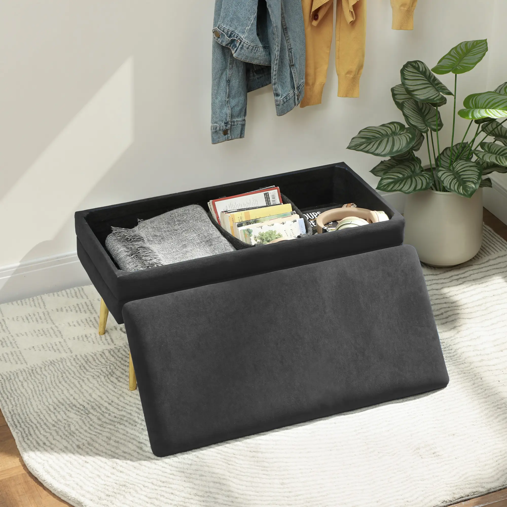 31" Storage Ottoman, Velvet Bench With Steel Legs, Black - Image 2