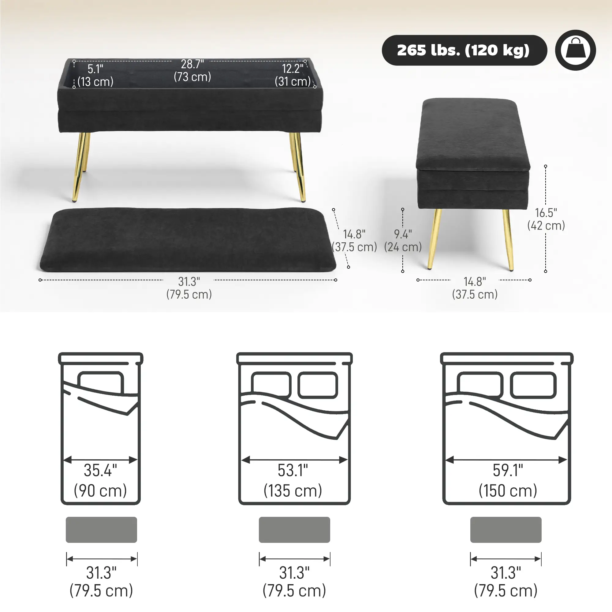 31" Storage Ottoman, Velvet Bench With Steel Legs, Black - Image 3