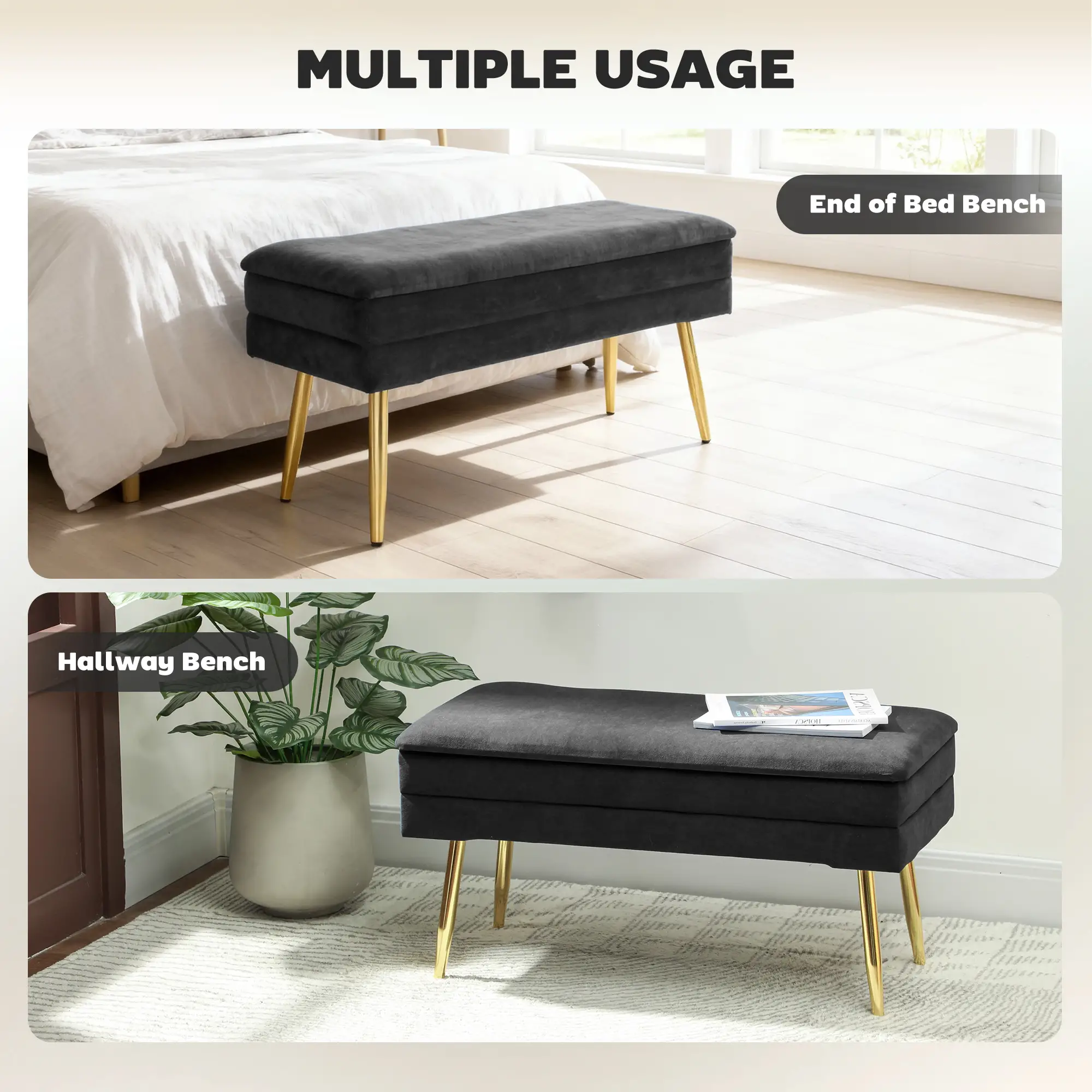 31" Storage Ottoman, Velvet Bench With Steel Legs, Black - Image 6