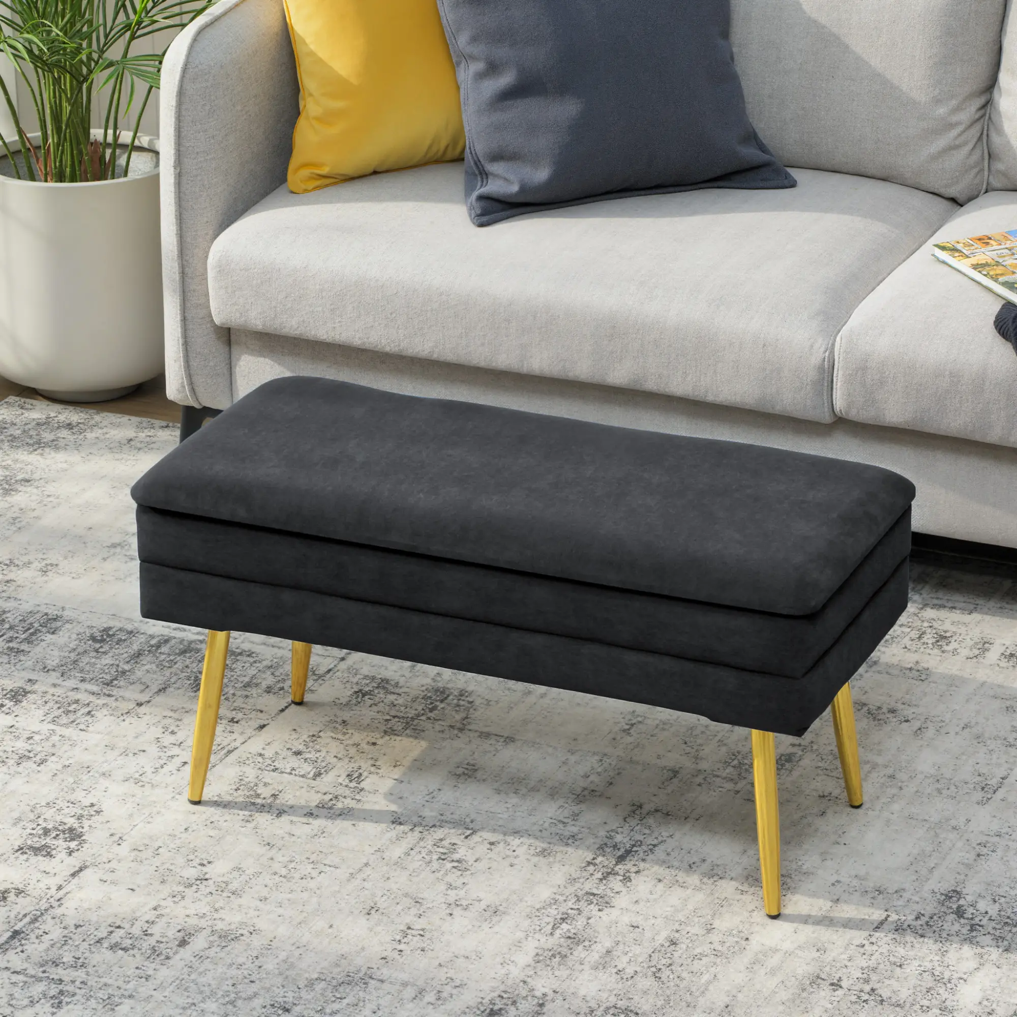 31" Storage Ottoman, Velvet Bench With Steel Legs, Black - Image 8