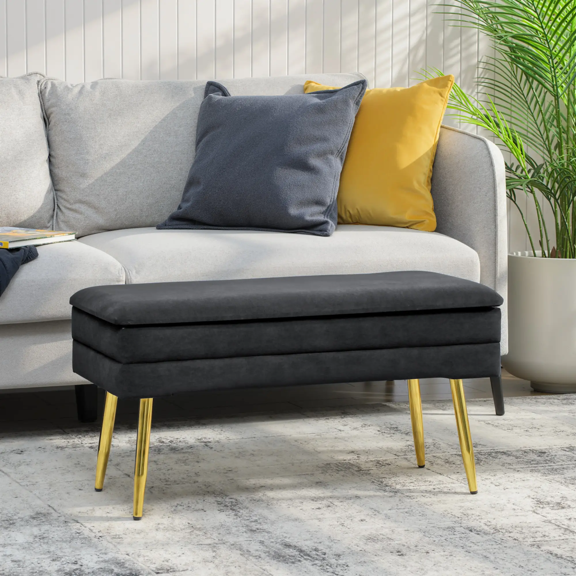 31" Storage Ottoman, Velvet Bench With Steel Legs, Black - Image 9