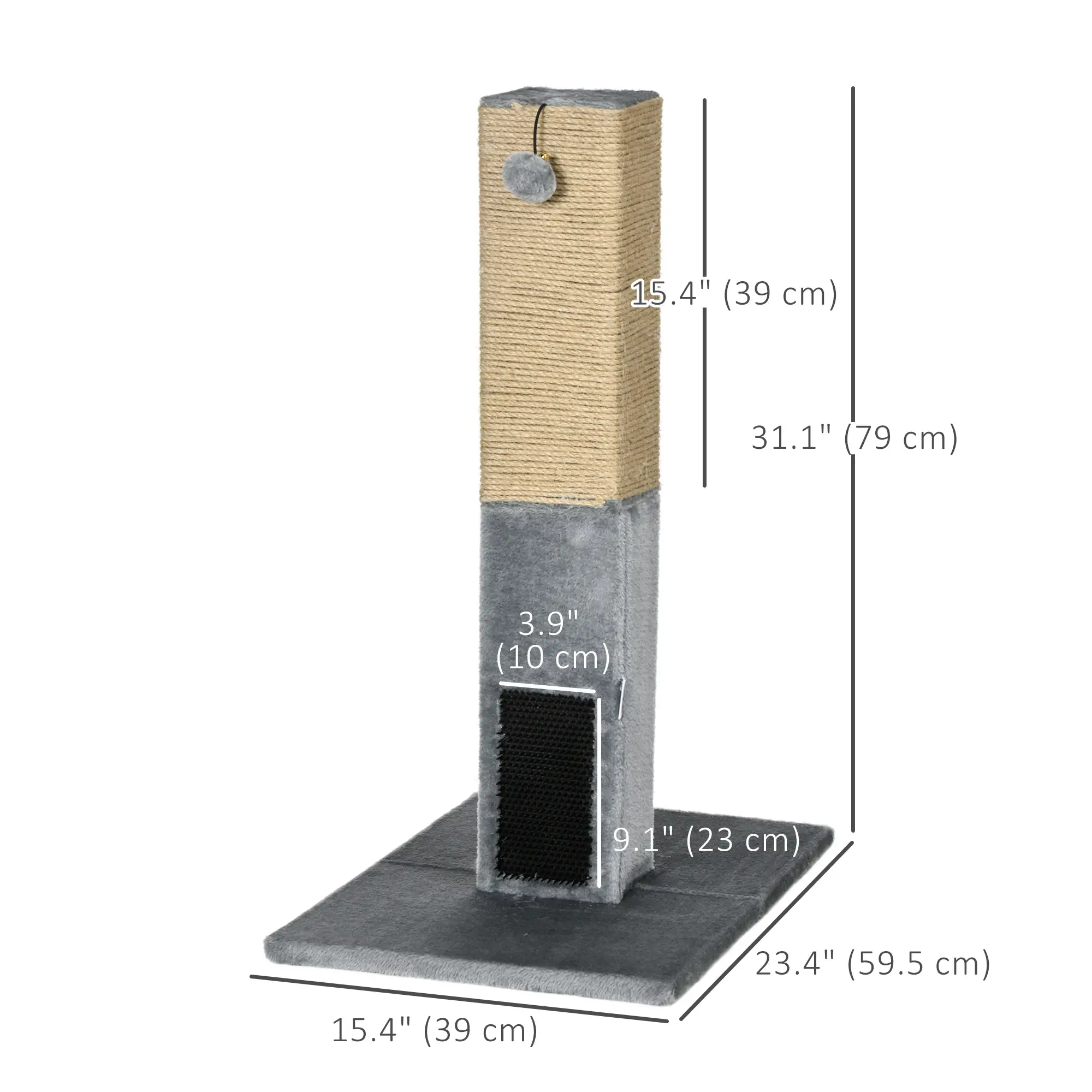 31" Tall Cat Scratching Post, Hanging Balls, Grooming Brushes, Grey - Image 3
