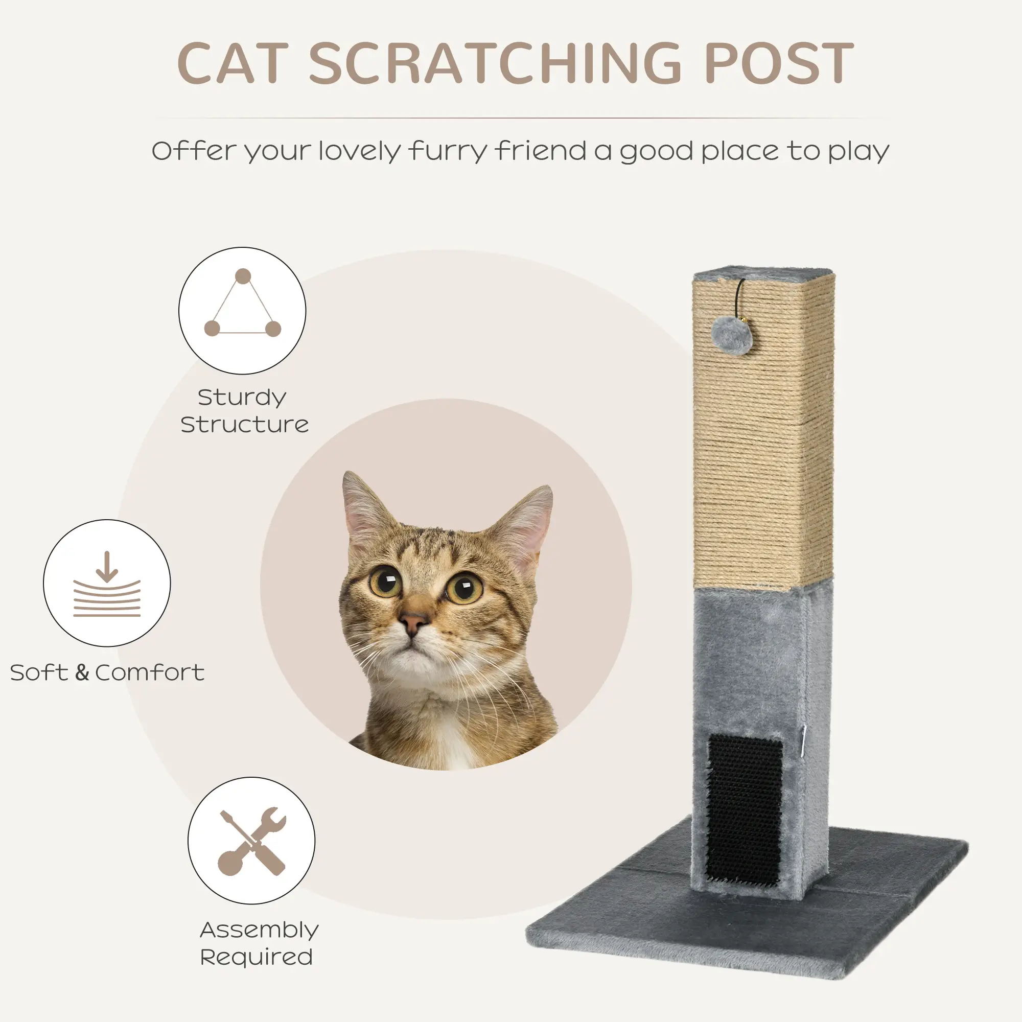 31" Tall Cat Scratching Post, Hanging Balls, Grooming Brushes, Grey - Image 4