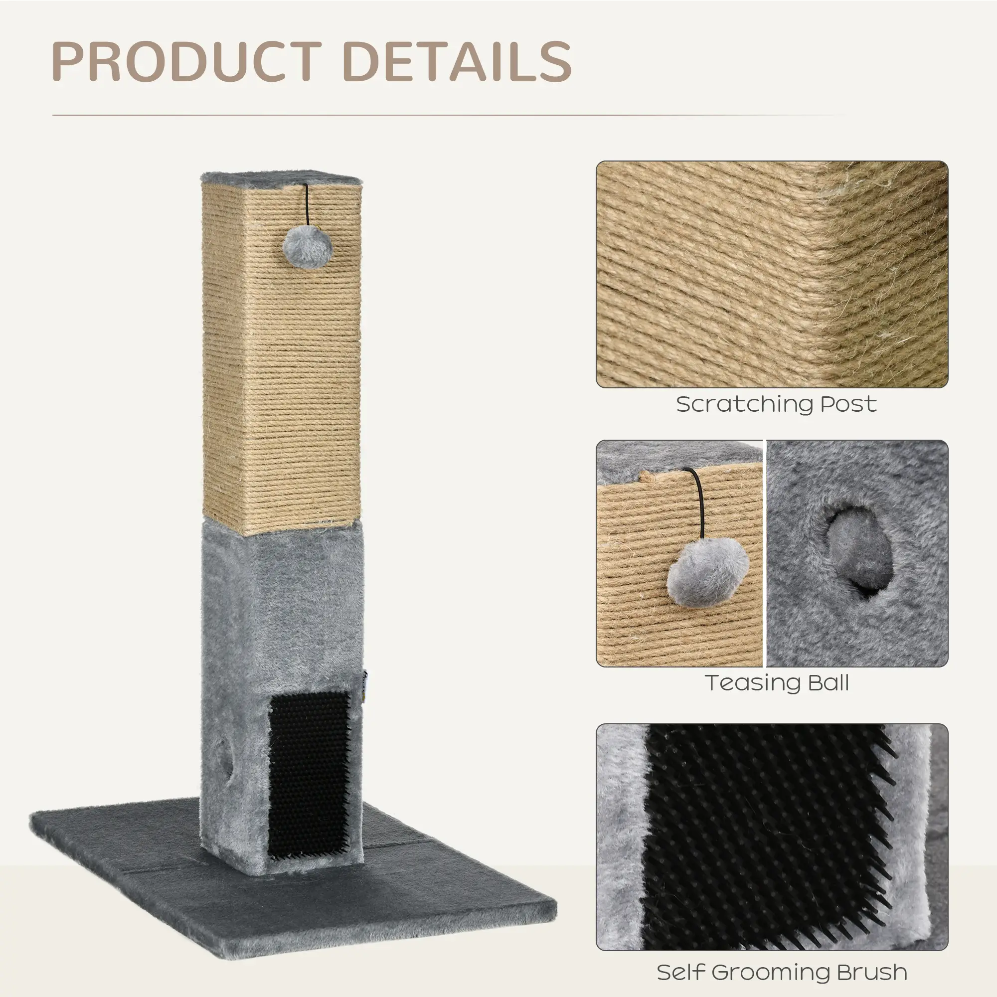 31" Tall Cat Scratching Post, Hanging Balls, Grooming Brushes, Grey - Image 5