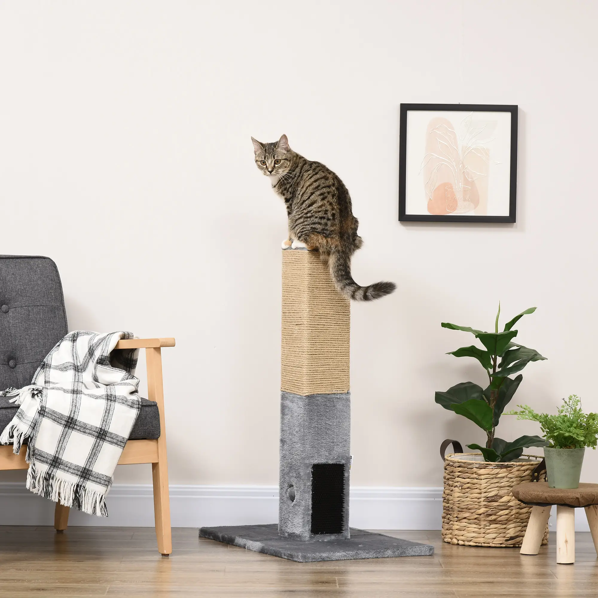 31" Tall Cat Scratching Post, Hanging Balls, Grooming Brushes, Grey - Image 7