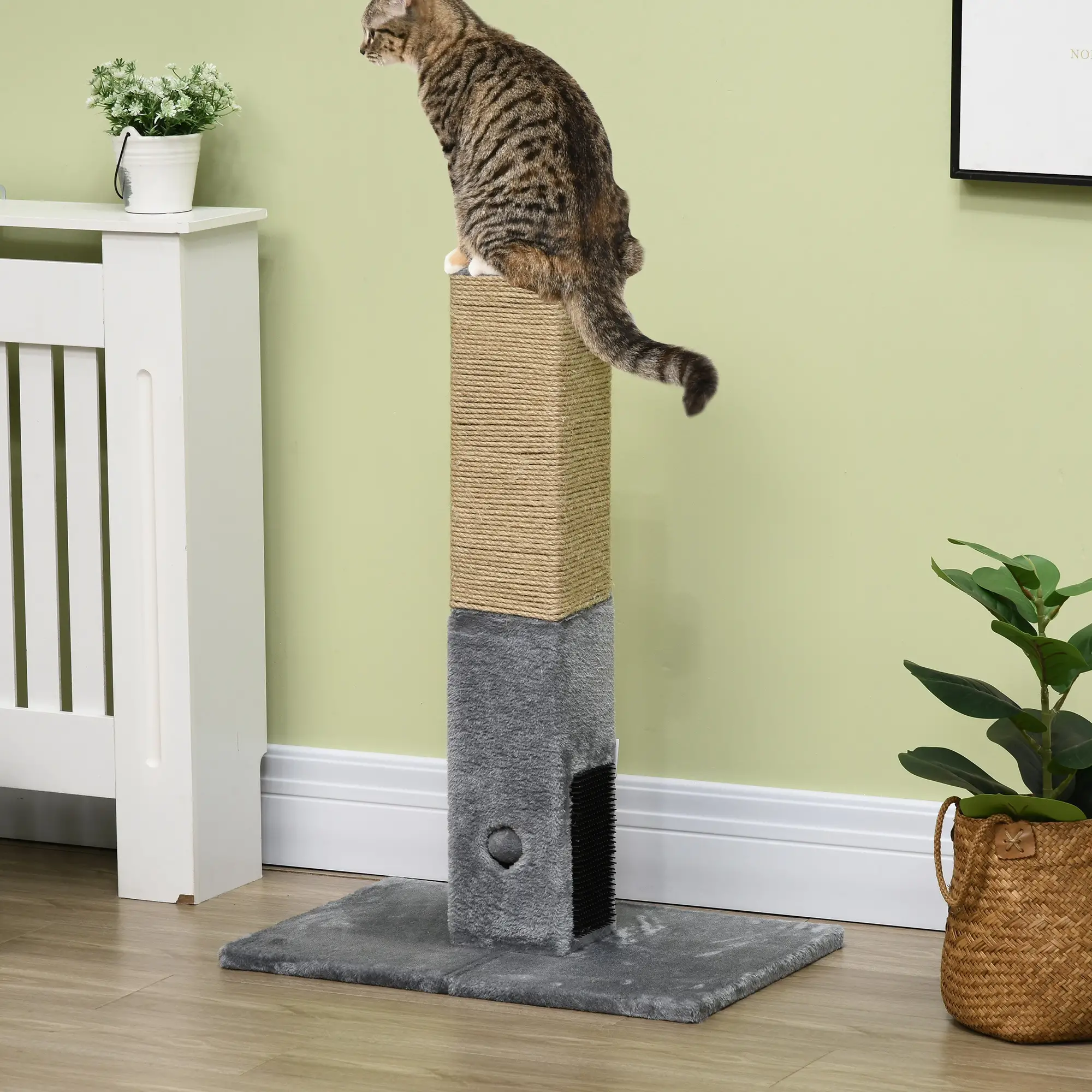 31" Tall Cat Scratching Post, Hanging Balls, Grooming Brushes, Grey - Image 8