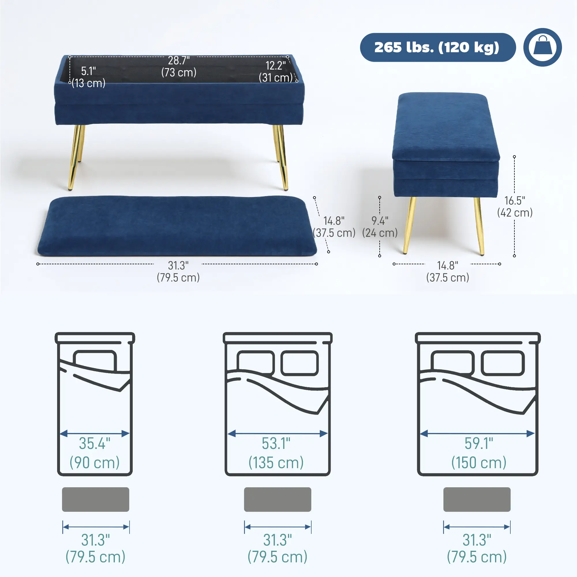 31" Velvet Storage Ottoman, Bed Bench With Steel Legs, Foot Stool, Velvet - Image 3