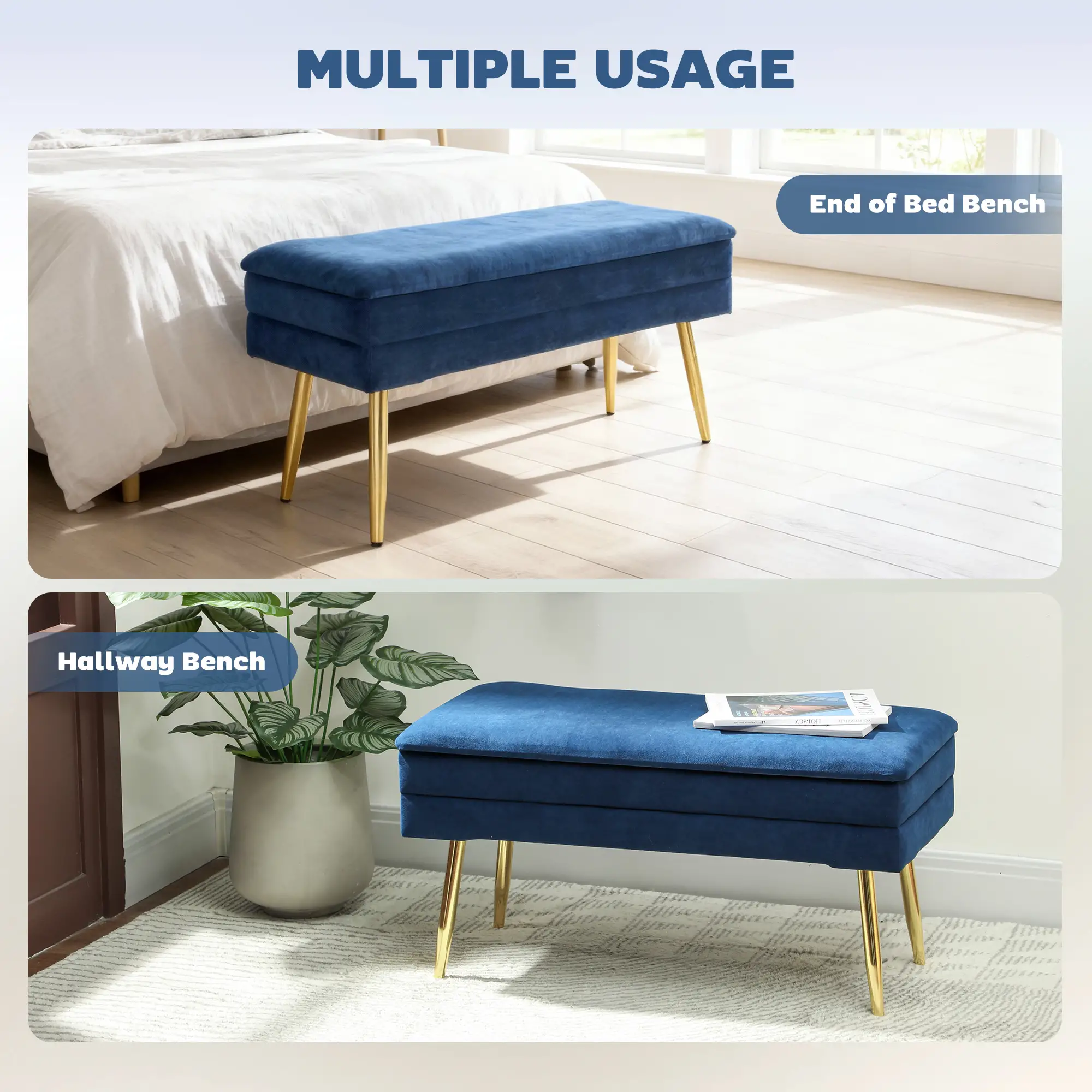 31" Velvet Storage Ottoman, Bed Bench With Steel Legs, Foot Stool, Velvet - Image 6