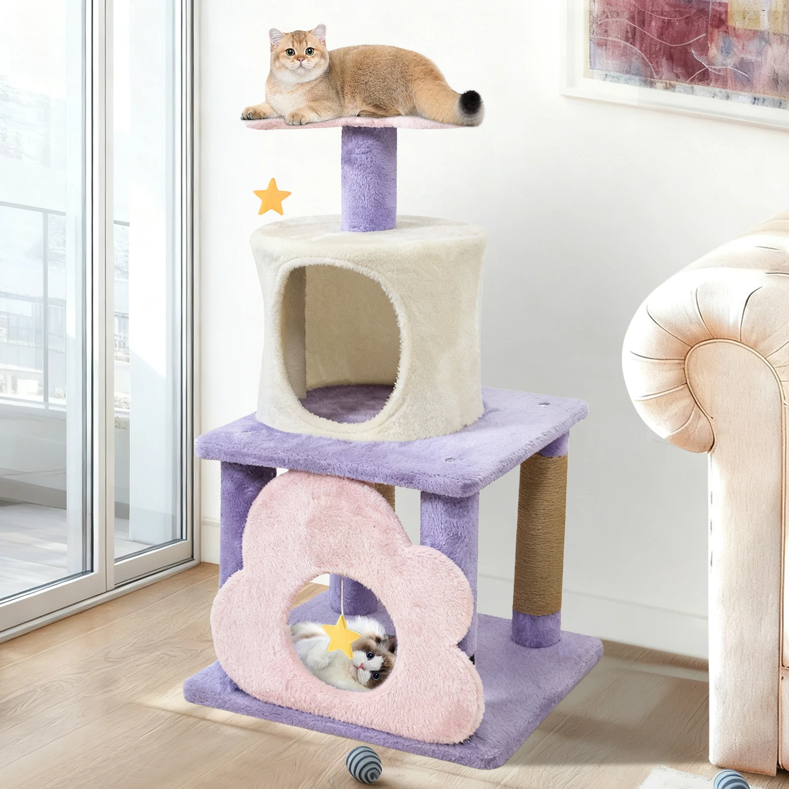 31.5" Cute Modern Cat Tree Multi-Level Kitten Tower, Purple - Image 2