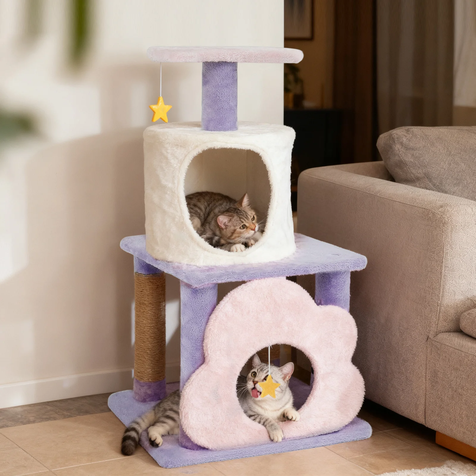 31.5" Cute Modern Cat Tree Multi-Level Kitten Tower, Purple - Image 3