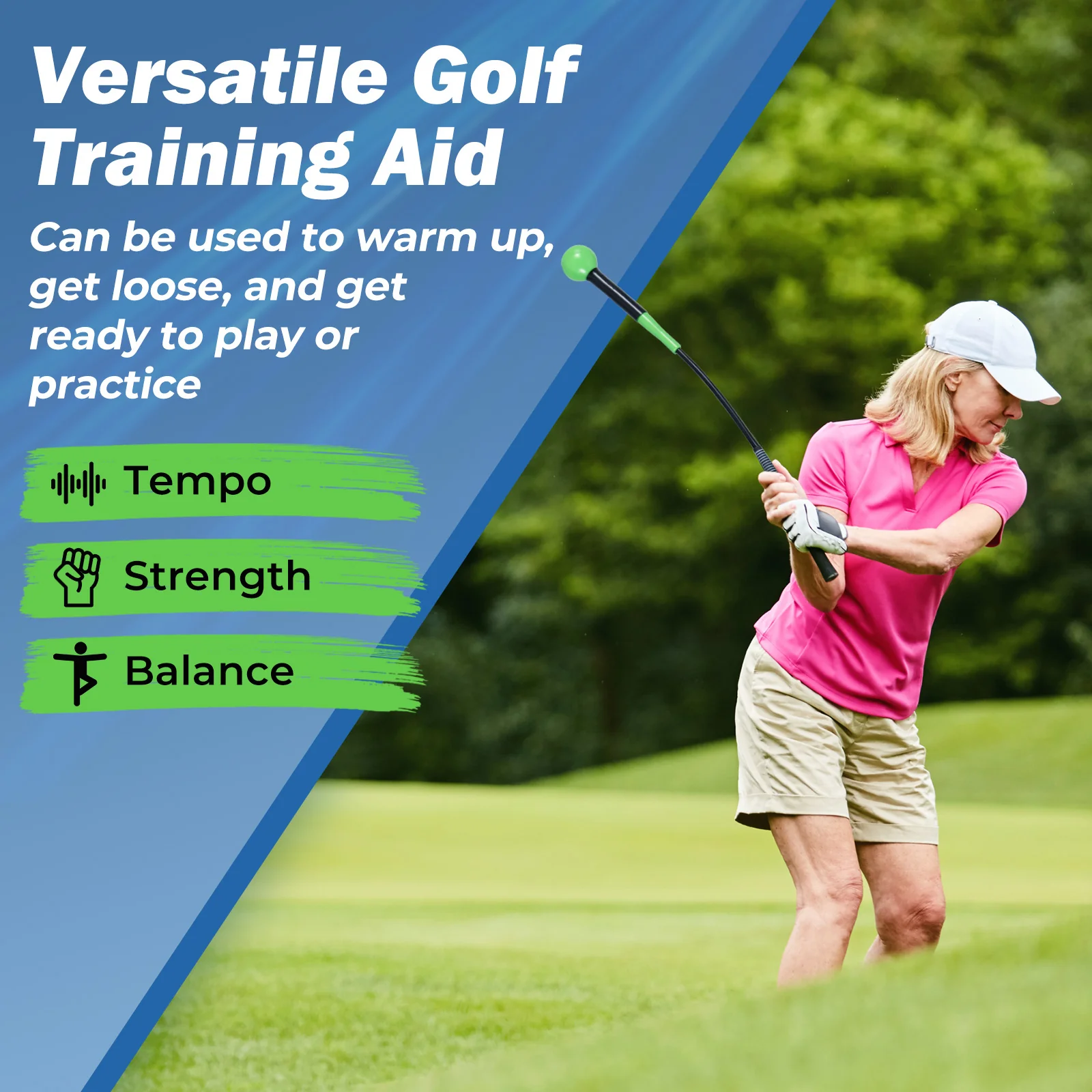 31.5 Inch Golf Swing Trainer Aid with Weighted Head for Grip Rhythm Balance, Green - Image 7