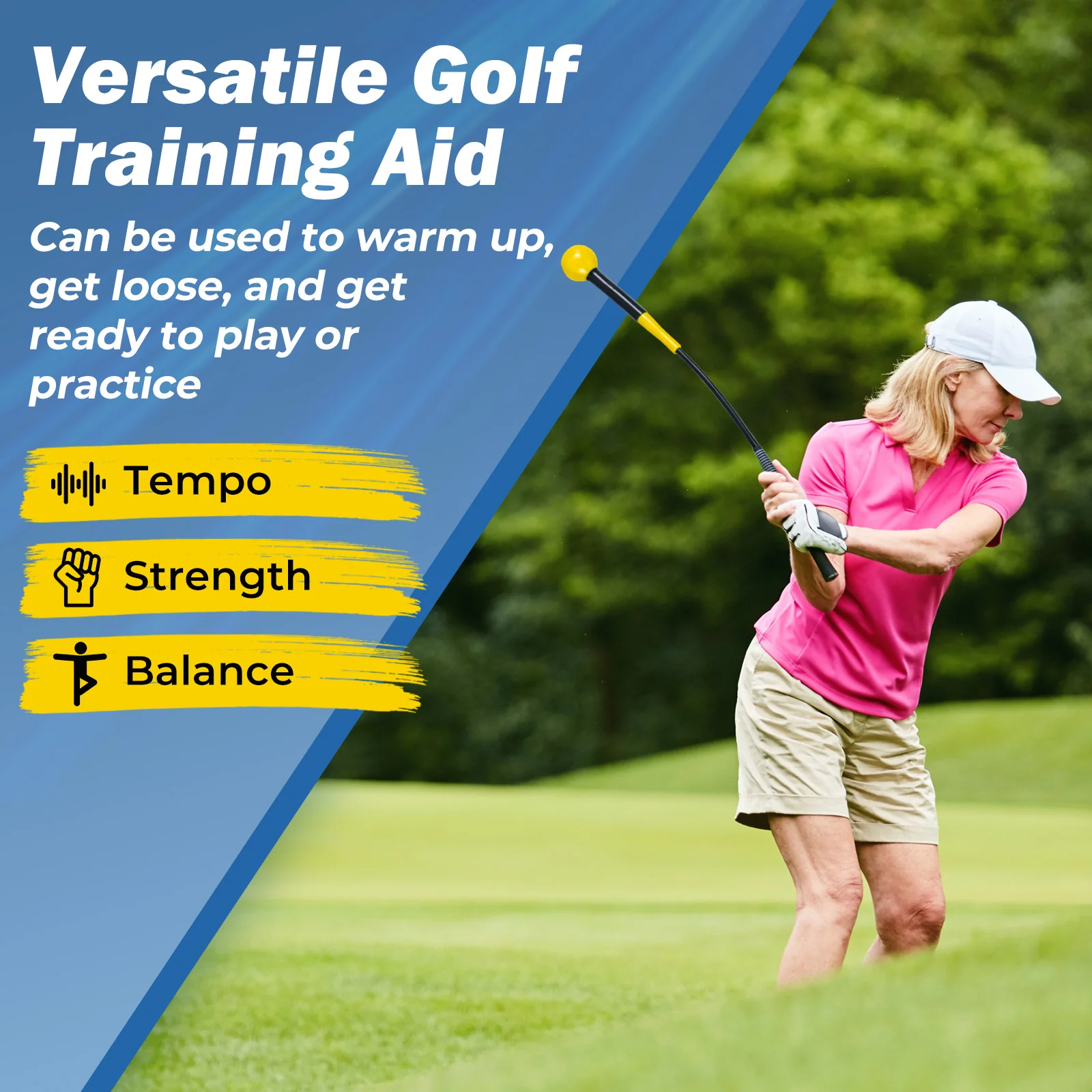 31.5 Inch Golf Swing Trainer Aid with Weighted Head for Grip Rhythm Balance, Yellow - Image 7