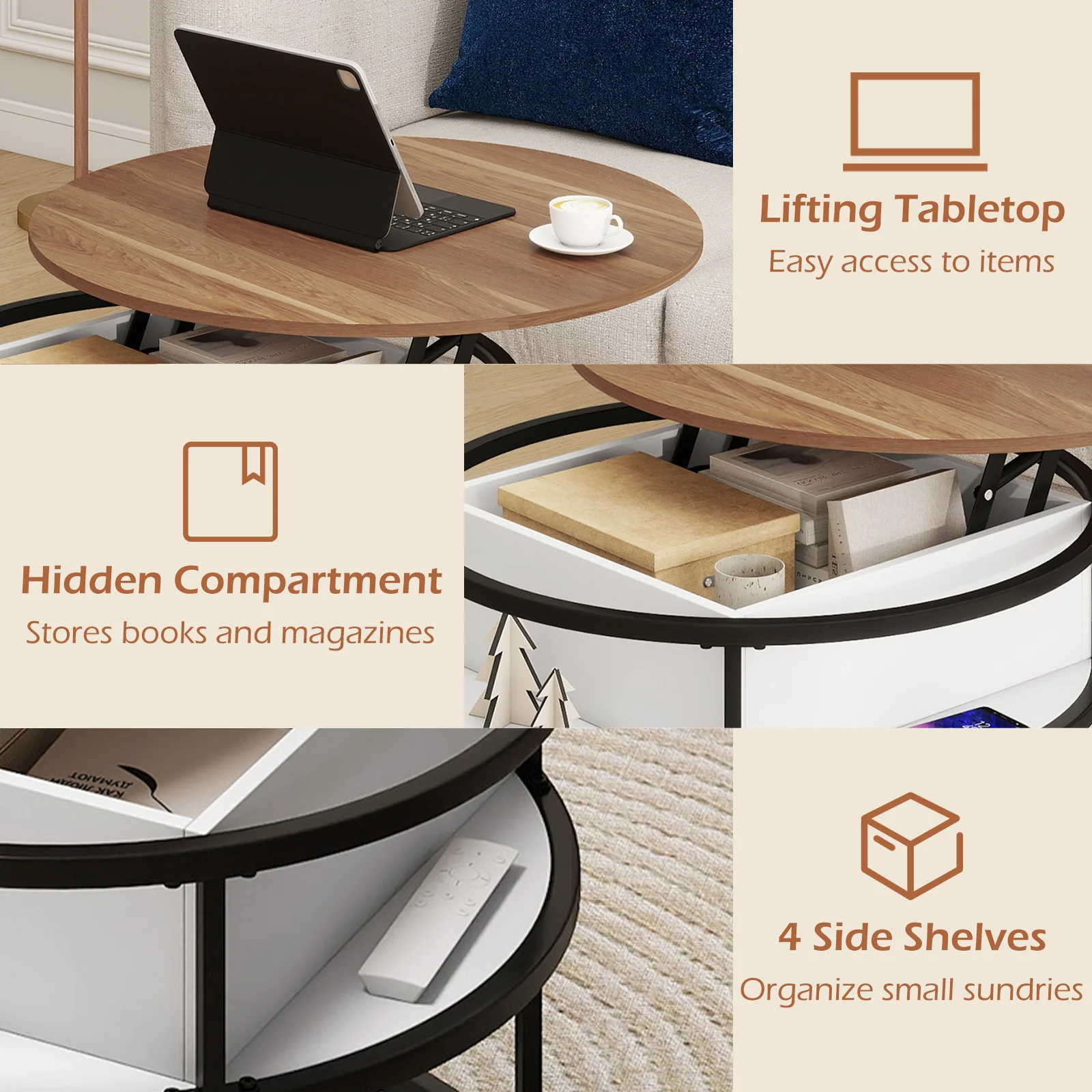 31.5 Inch Round Lift Top Coffee Table with Hidden Compartment and Side Shelves, Teak - Image 10