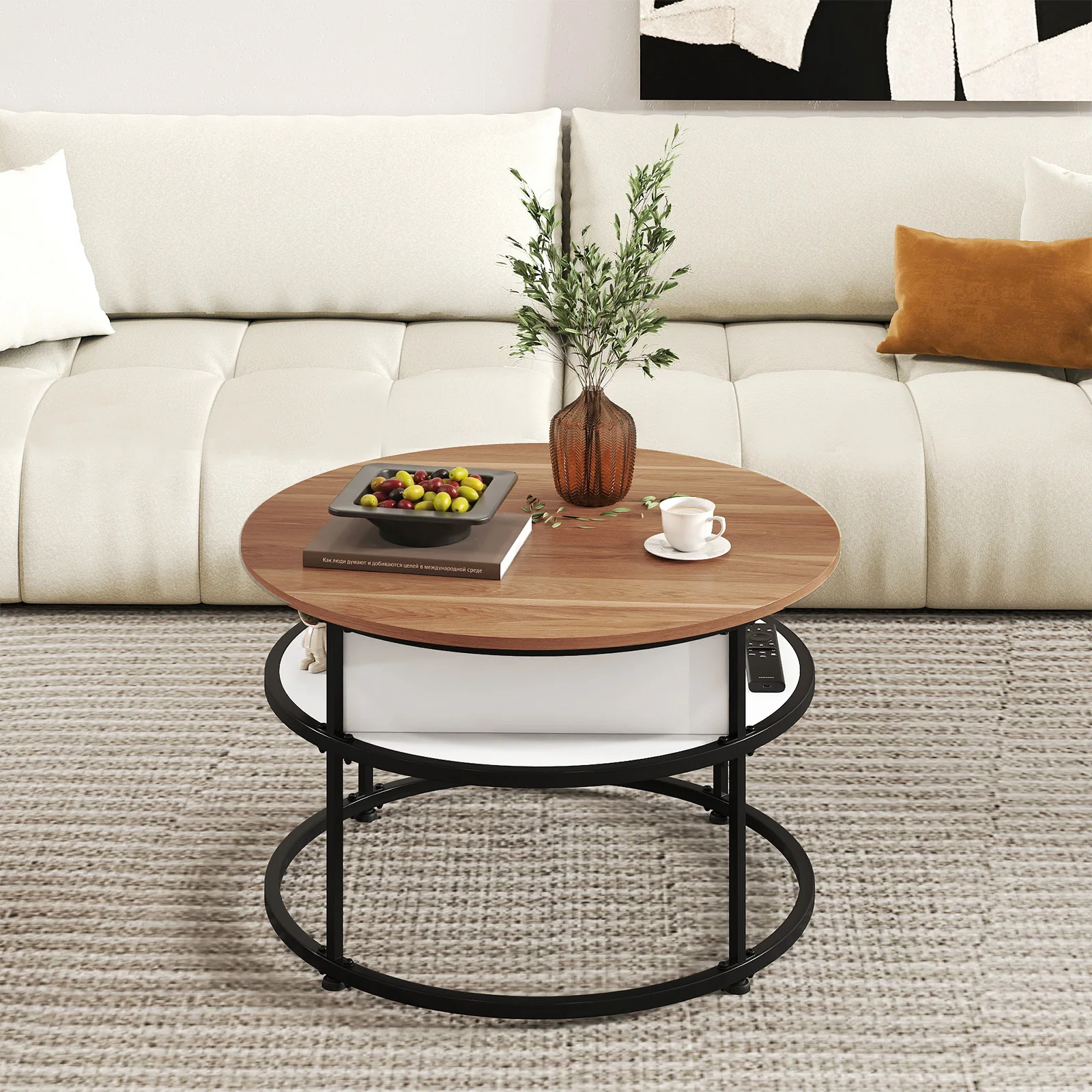 31.5 Inch Round Lift Top Coffee Table with Hidden Compartment and Side Shelves, Teak - Image 2