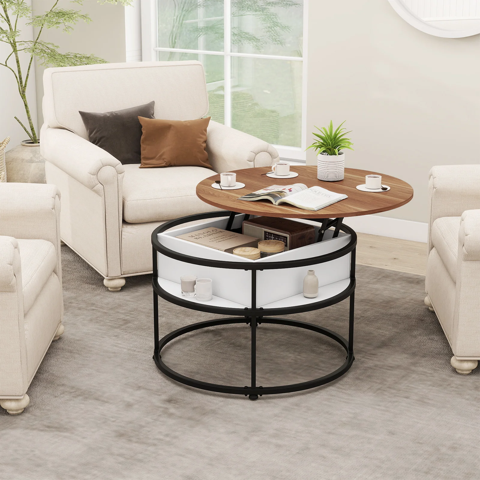 31.5 Inch Round Lift Top Coffee Table with Hidden Compartment and Side Shelves, Teak - Image 3