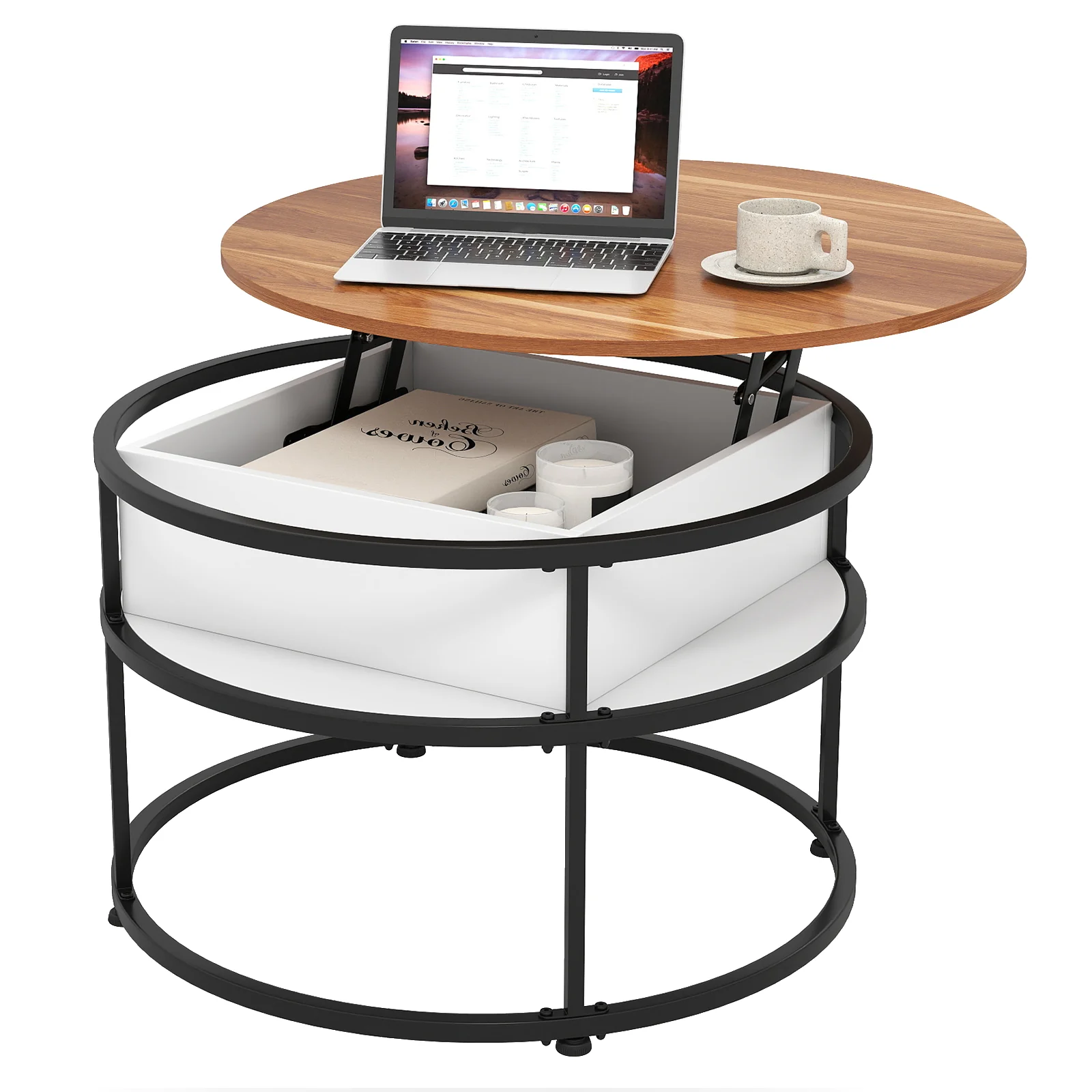 31.5 Inch Round Lift Top Coffee Table with Hidden Compartment and Side Shelves, Teak - Image 4