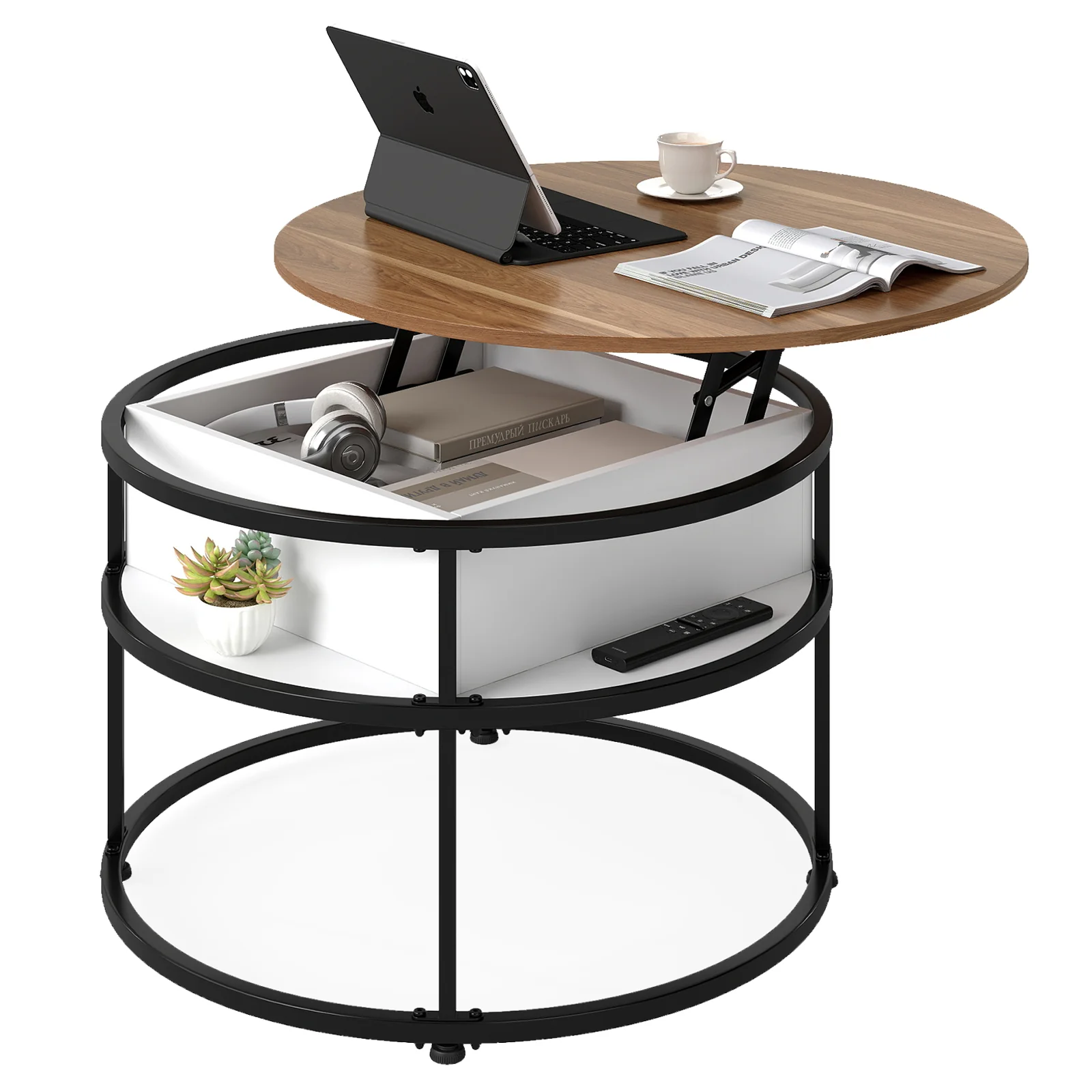 31.5 Inch Round Lift Top Coffee Table with Hidden Compartment and Side Shelves, Teak - Image 5