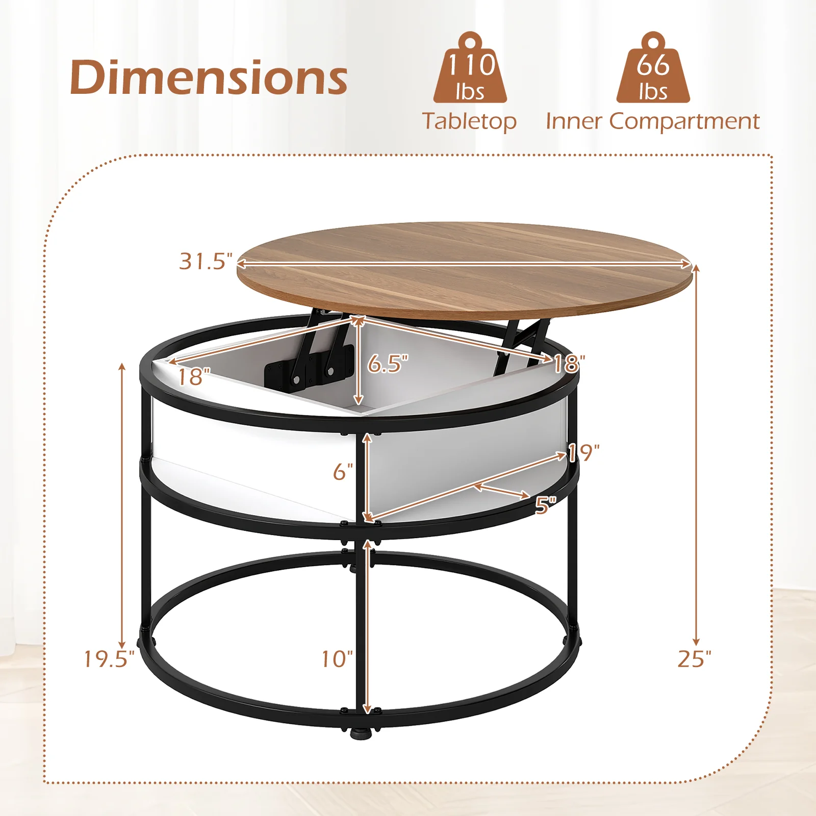 31.5 Inch Round Lift Top Coffee Table with Hidden Compartment and Side Shelves, Teak - Image 6