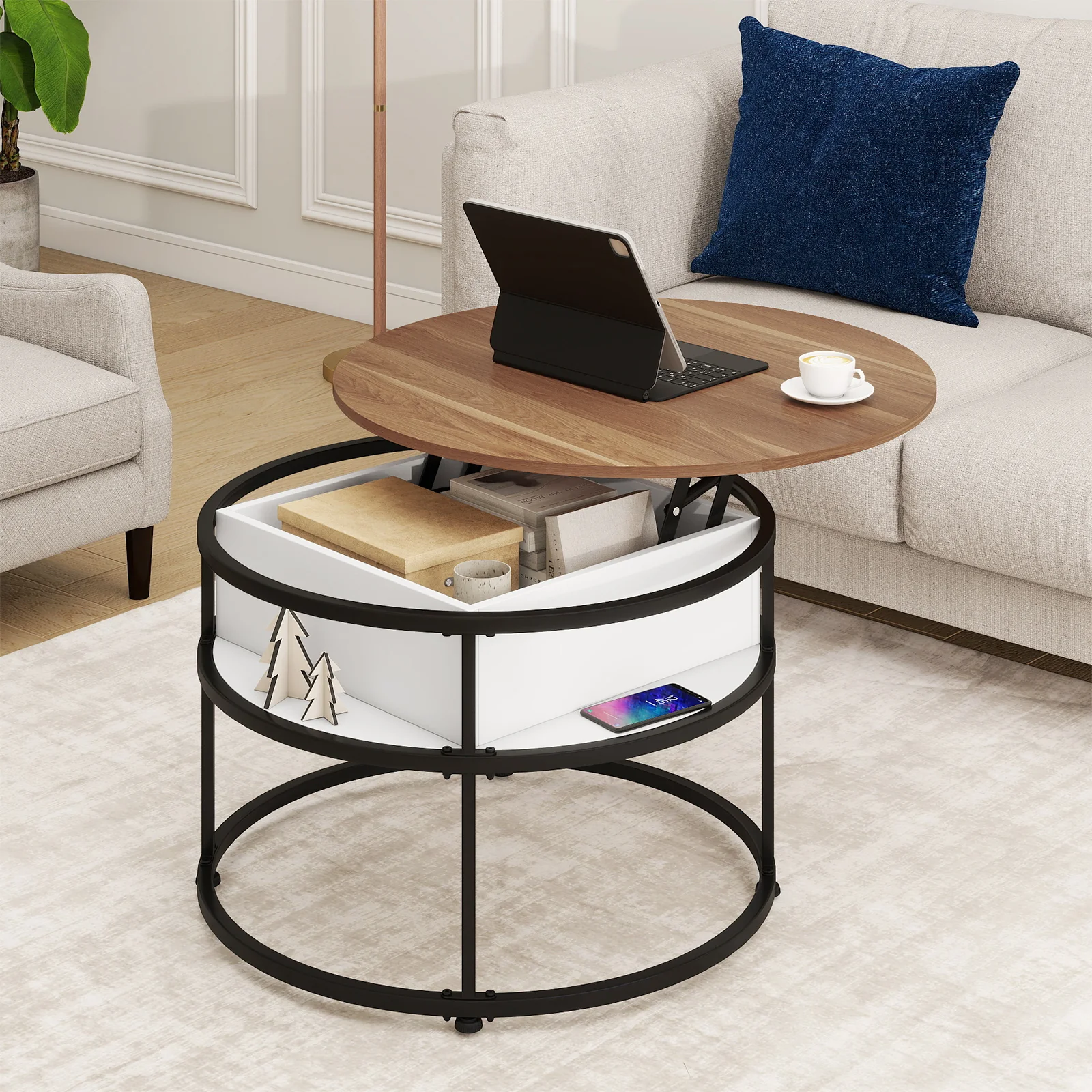 31.5 Inch Round Lift Top Coffee Table with Hidden Compartment and Side Shelves, Teak - Image 7