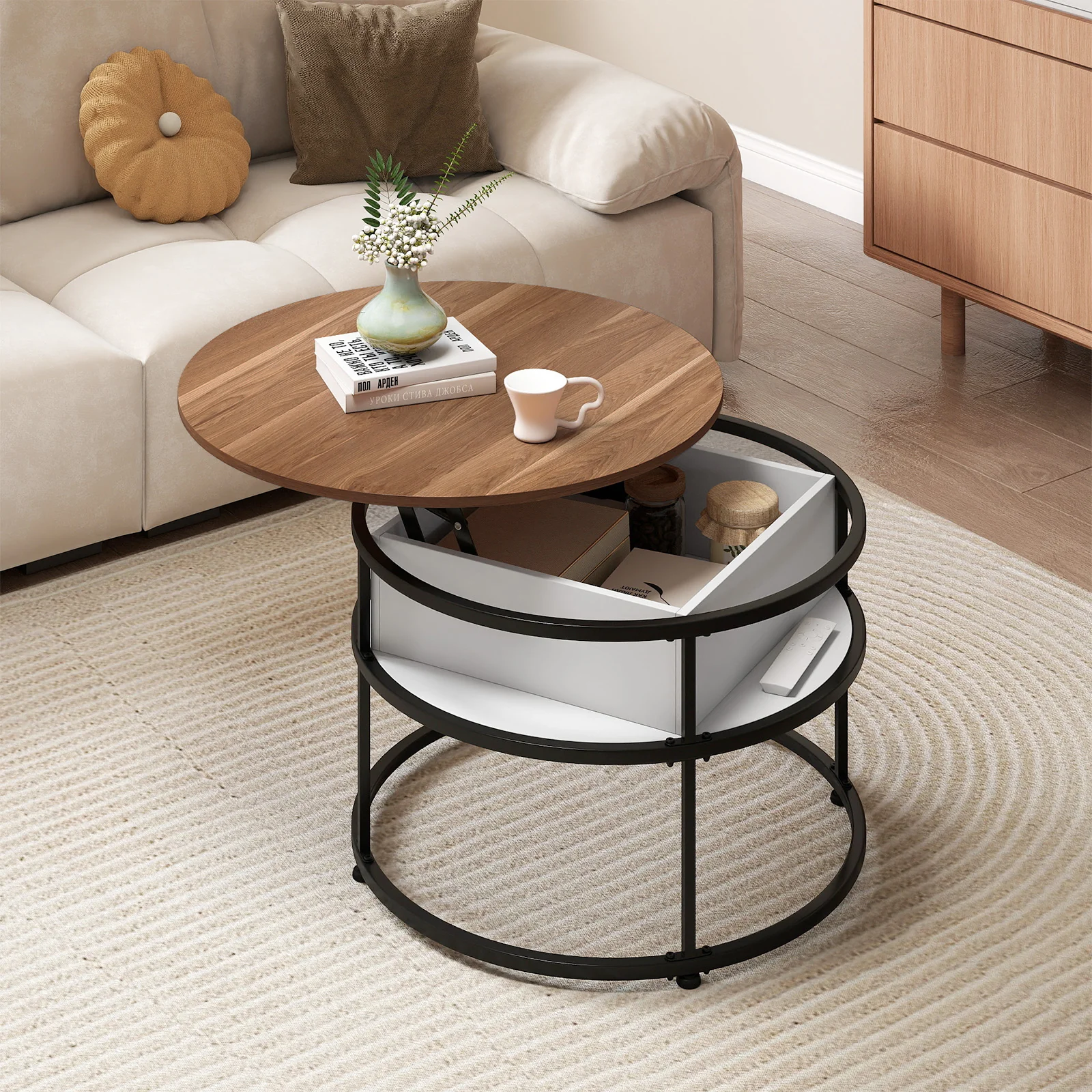 31.5 Inch Round Lift Top Coffee Table with Hidden Compartment and Side Shelves, Teak - Image 8