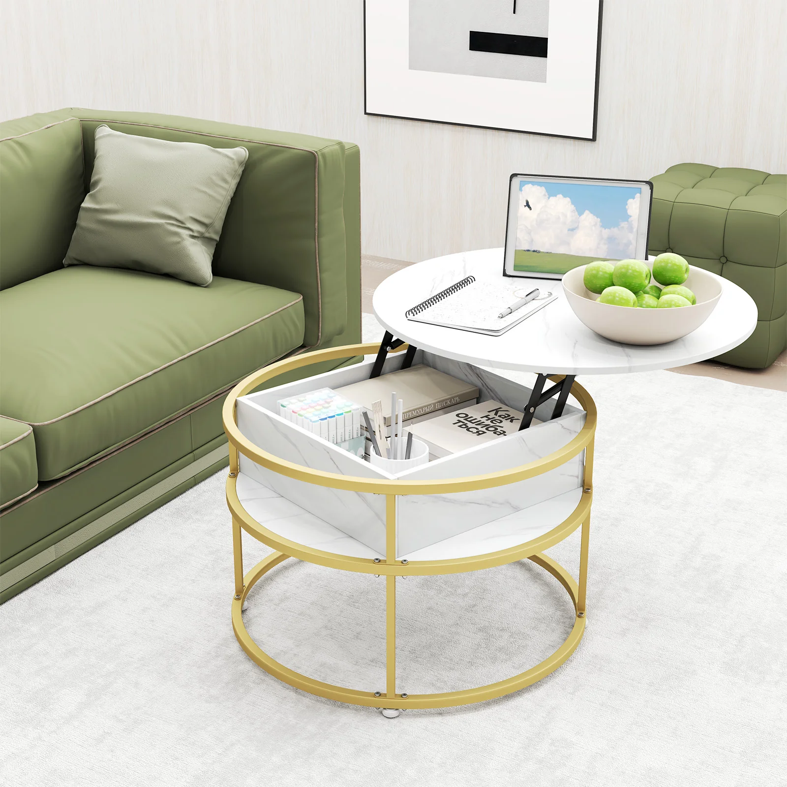 31.5 Inch Round Lift Top Coffee Table with Hidden Compartment and Side Shelves, White - Image 2