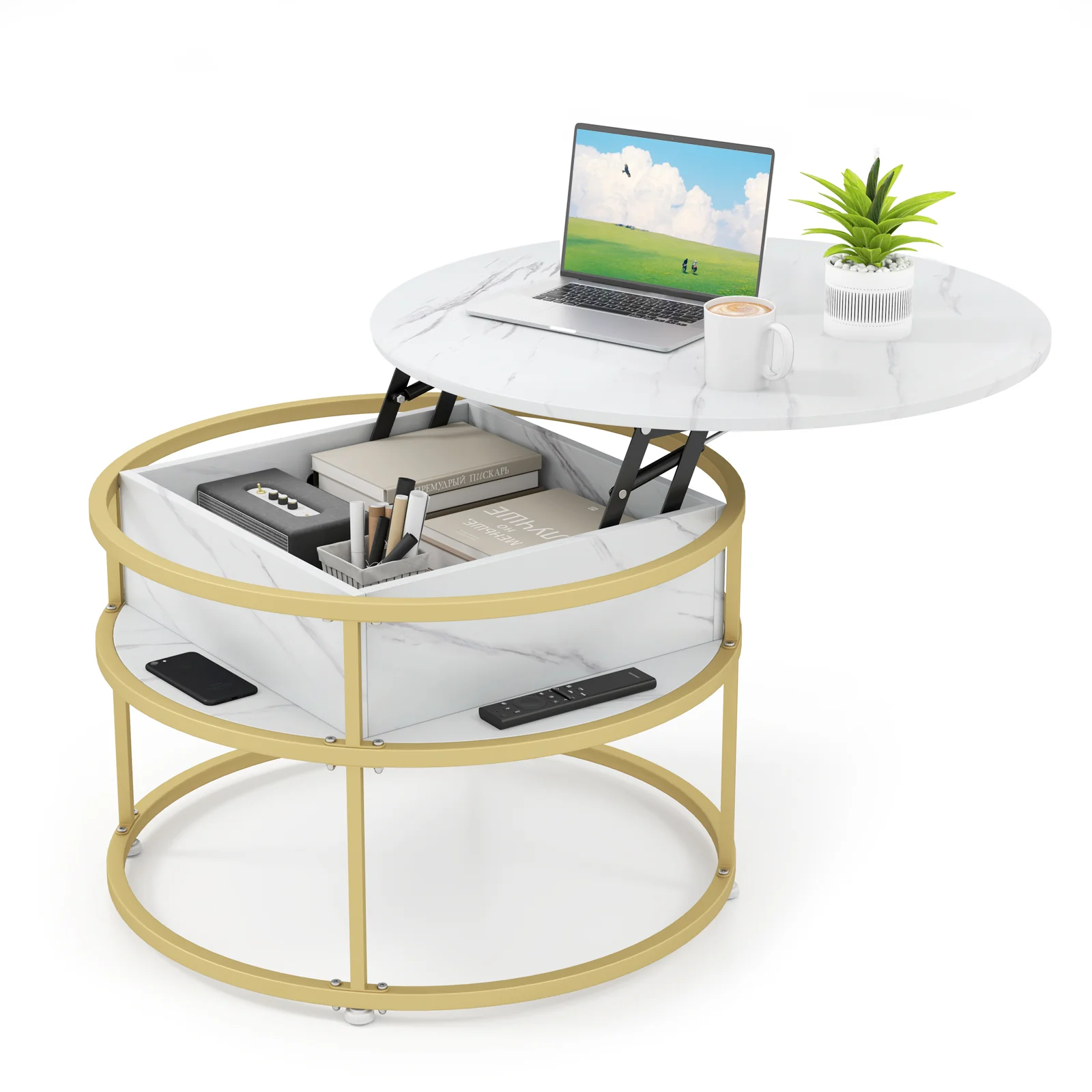 31.5 Inch Round Lift Top Coffee Table with Hidden Compartment and Side Shelves, White - Image 3