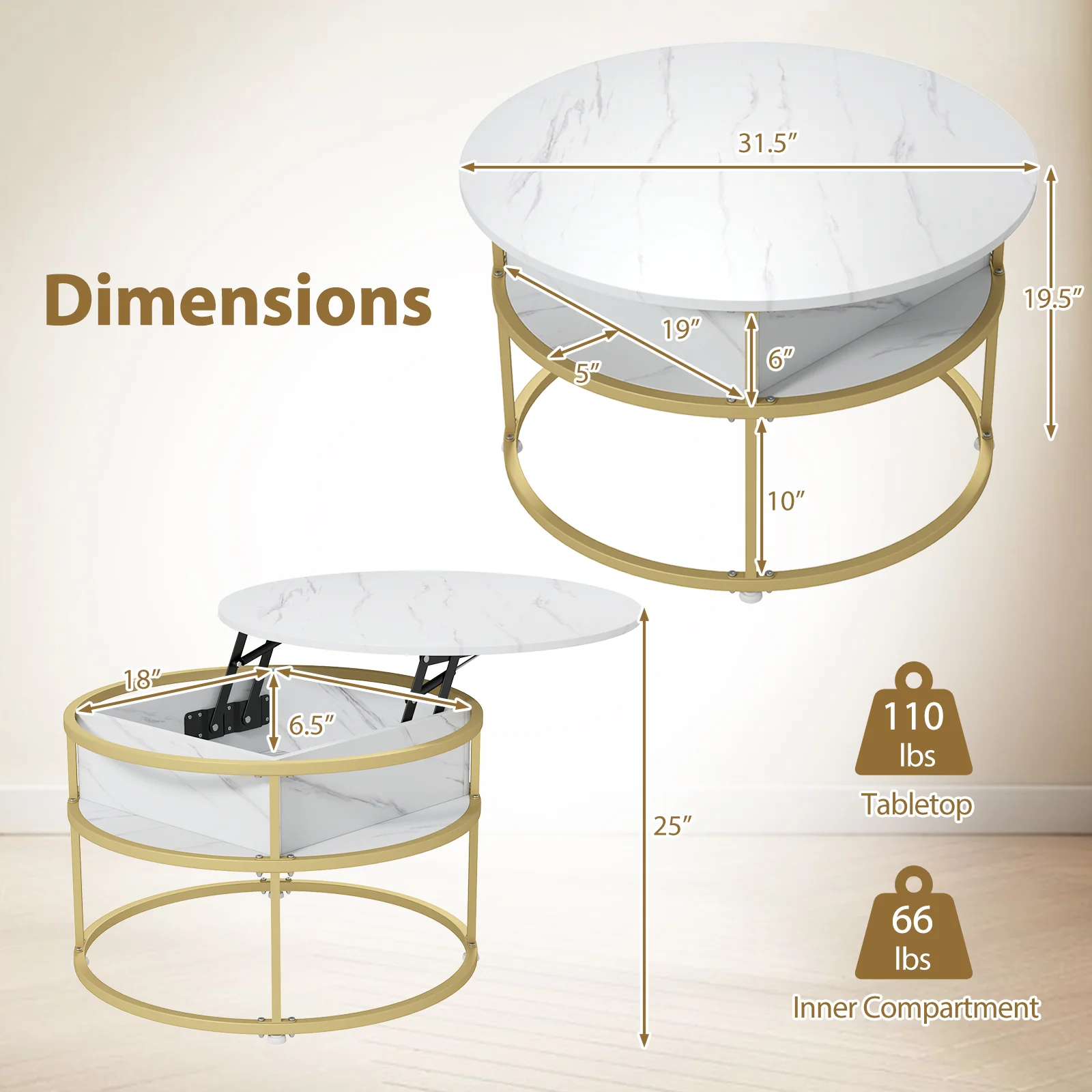 31.5 Inch Round Lift Top Coffee Table with Hidden Compartment and Side Shelves, White - Image 4