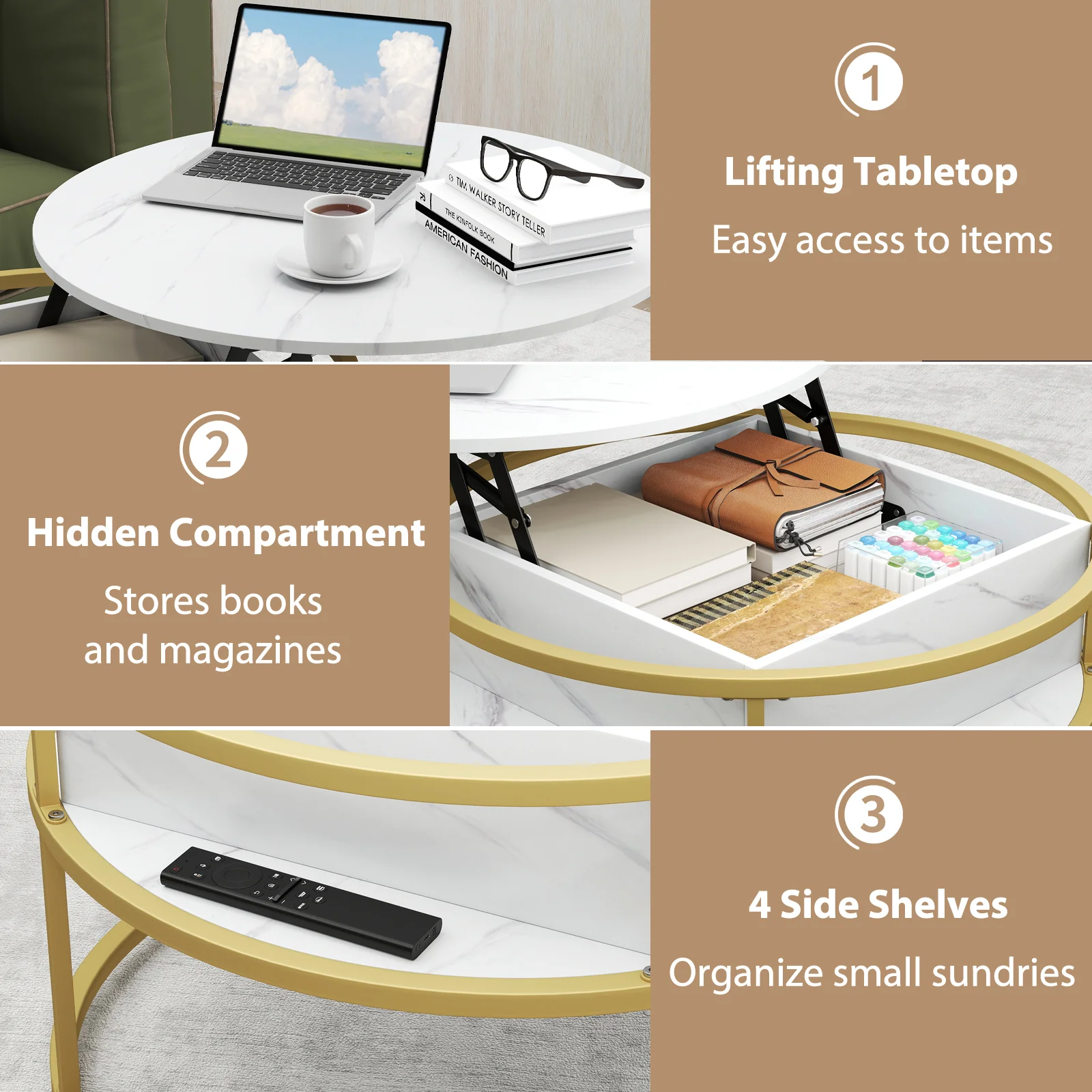 31.5 Inch Round Lift Top Coffee Table with Hidden Compartment and Side Shelves, White - Image 6