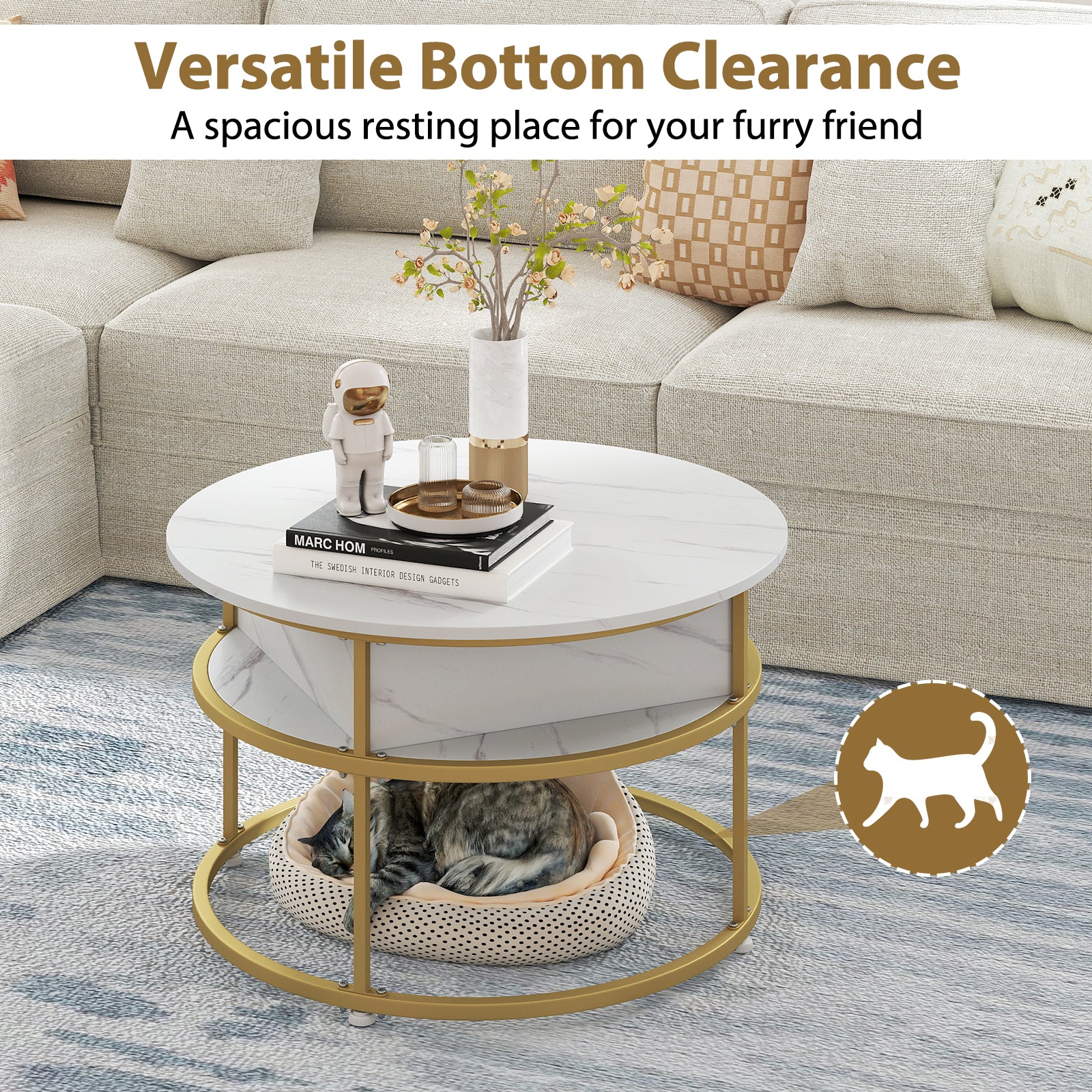 31.5 Inch Round Lift Top Coffee Table with Hidden Compartment and Side Shelves, White - Image 8