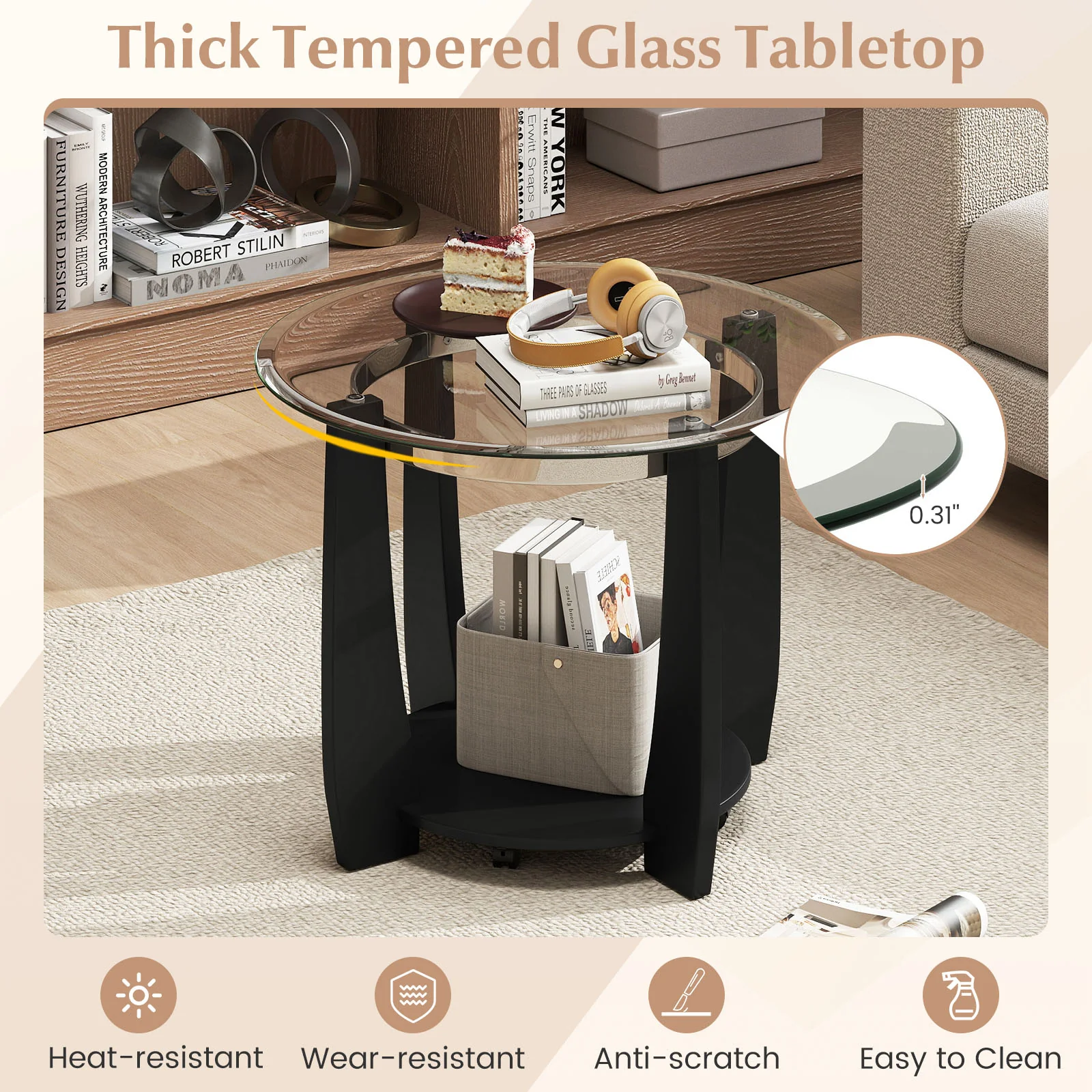 32" 2-Tier Glass Round Coffee Table with Storage Shelf, Black - Image 10