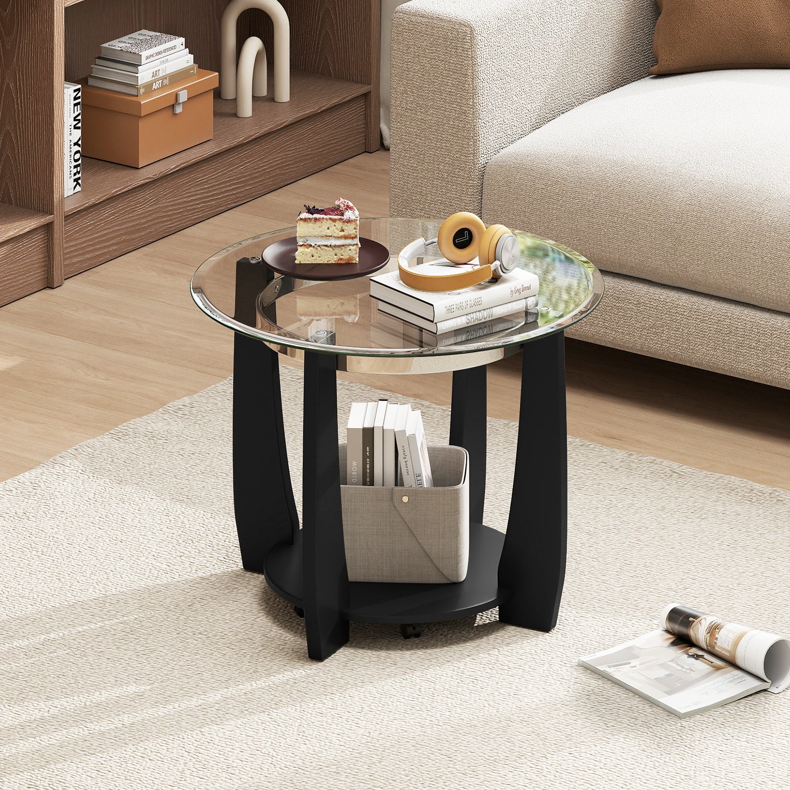 32" 2-Tier Glass Round Coffee Table with Storage Shelf, Black - Image 2