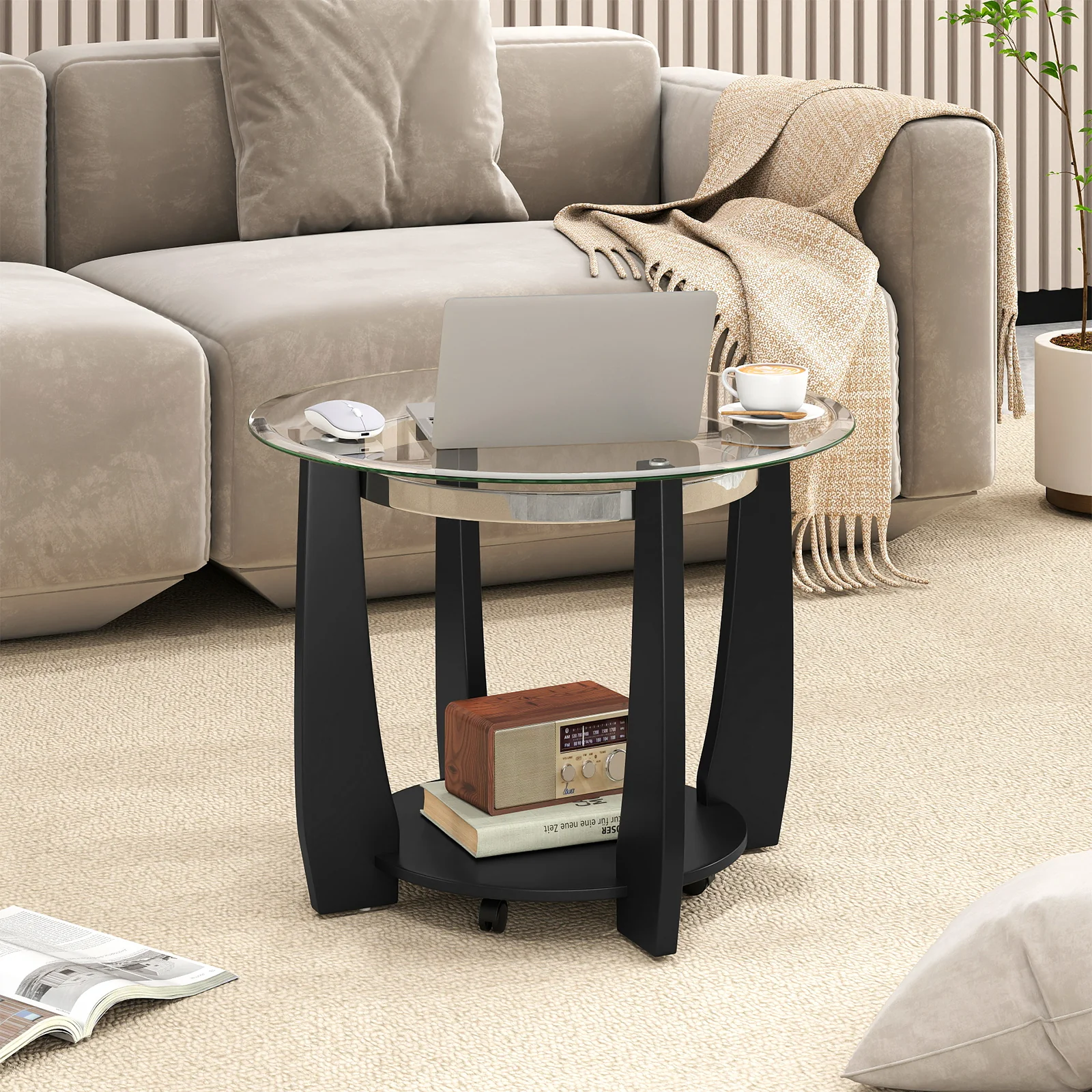 32" 2-Tier Glass Round Coffee Table with Storage Shelf, Black - Image 3