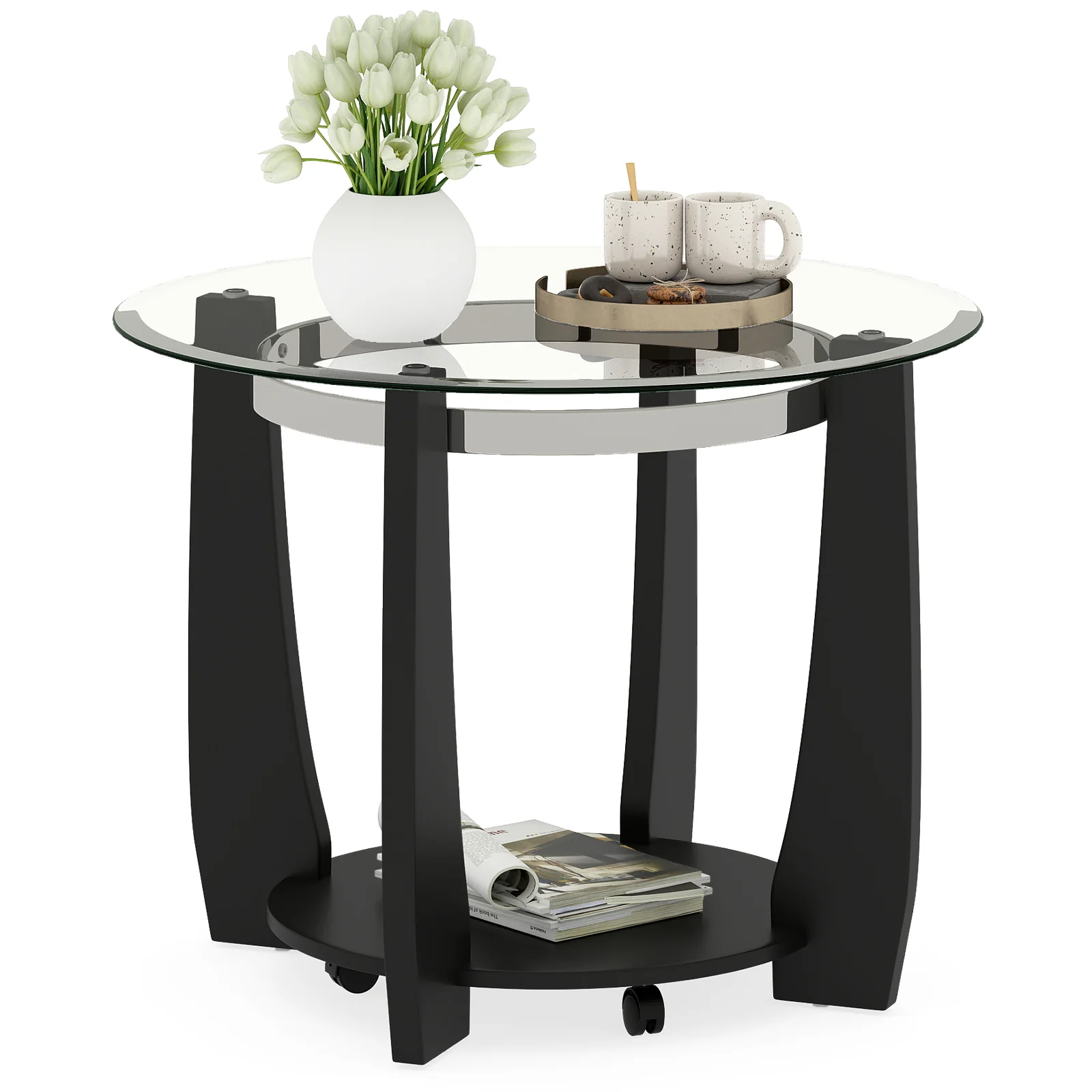 32" 2-Tier Glass Round Coffee Table with Storage Shelf, Black - Image 4