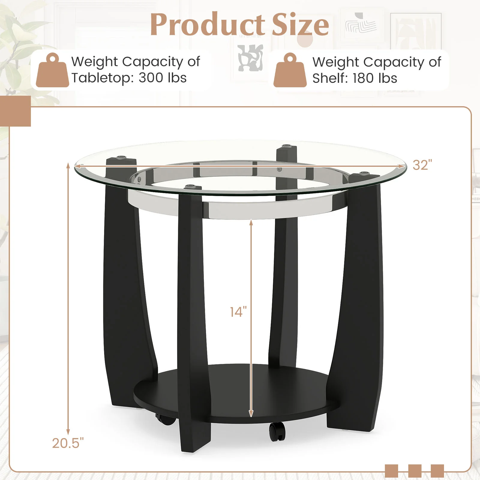 32" 2-Tier Glass Round Coffee Table with Storage Shelf, Black - Image 6