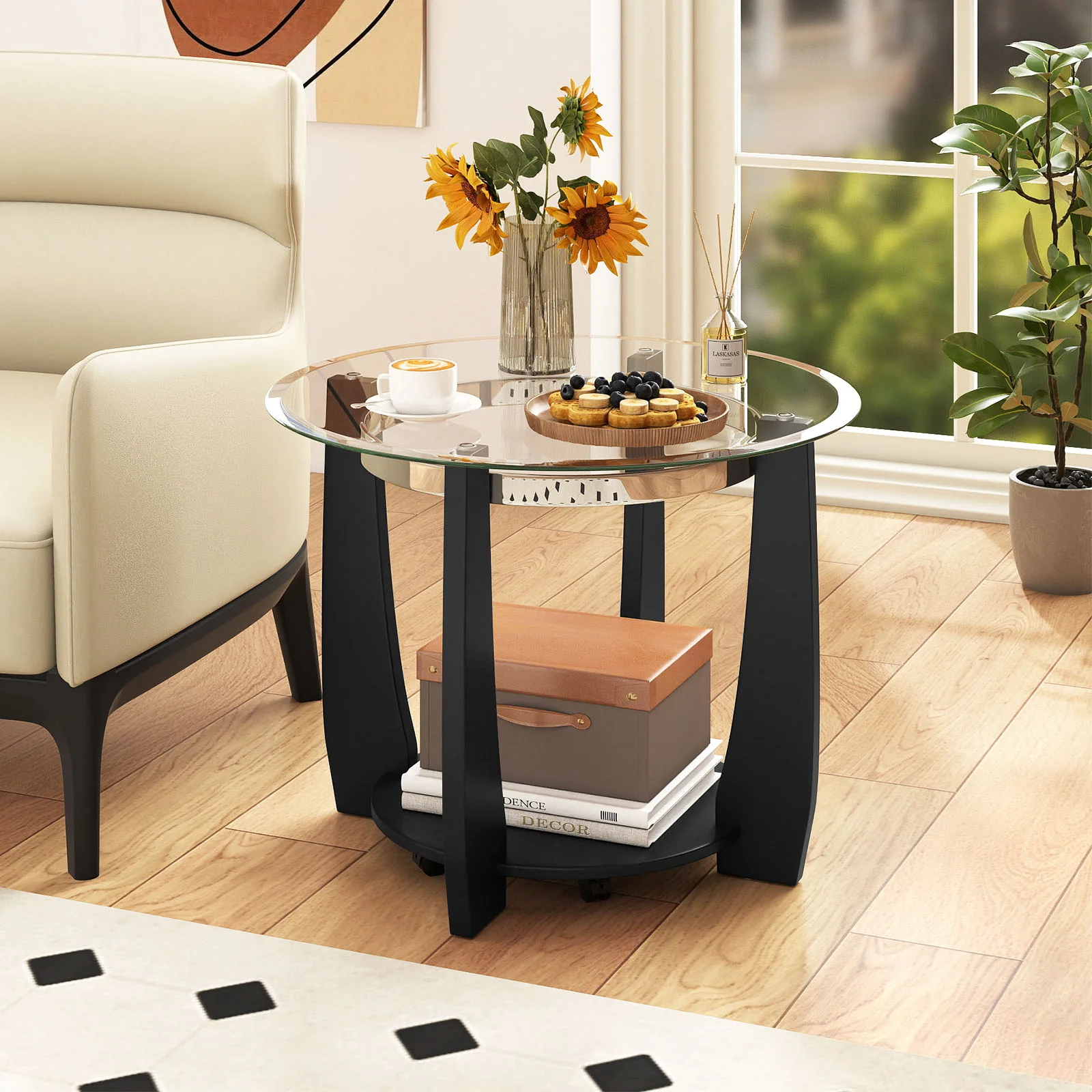 32" 2-Tier Glass Round Coffee Table with Storage Shelf, Black - Image 7