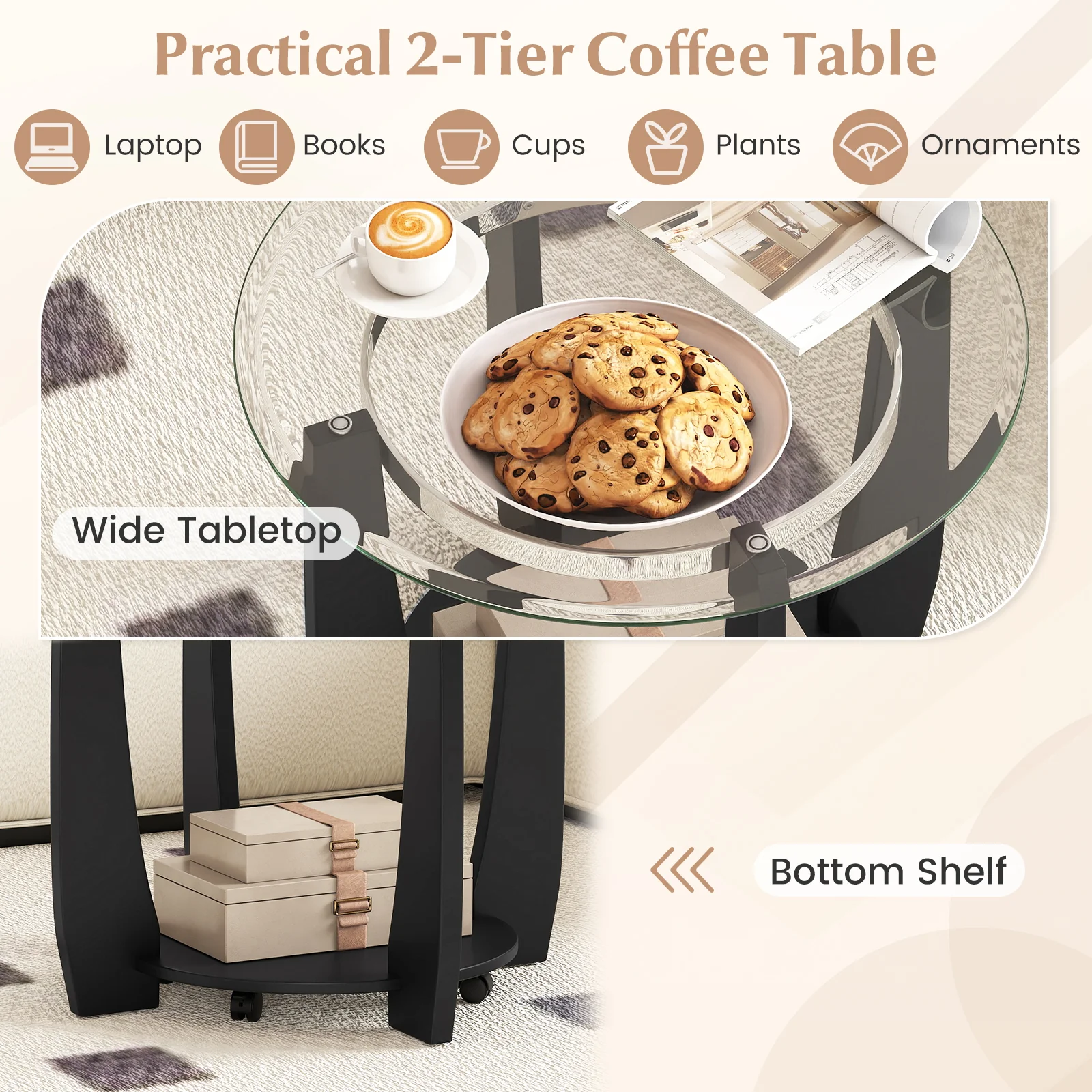 32" 2-Tier Glass Round Coffee Table with Storage Shelf, Black - Image 9