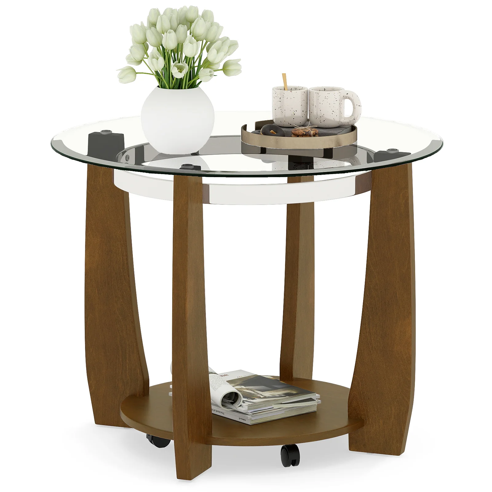 32" 2-Tier Glass Round Coffee Table with Storage Shelf, Walnut
